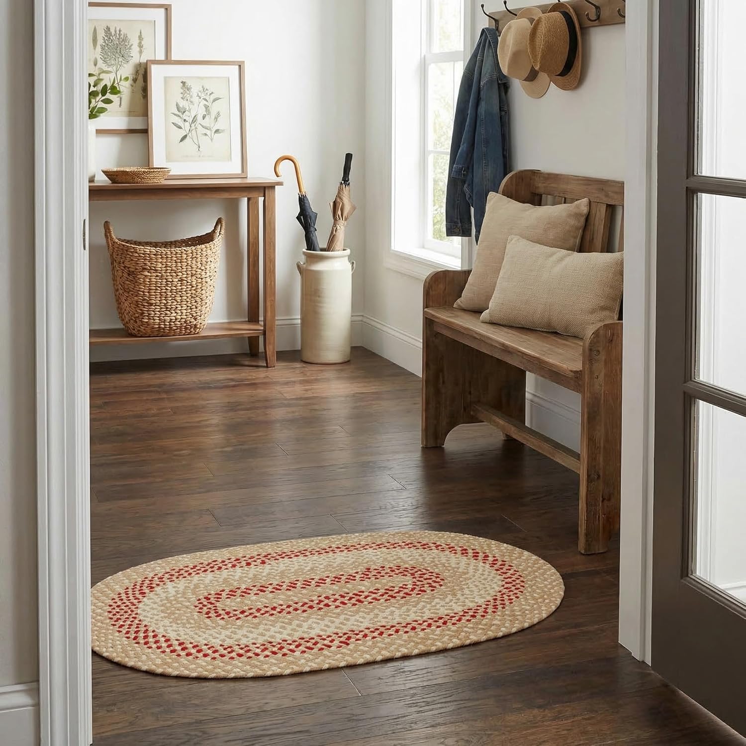 Super Area Rugs Oval 2' X 3' Beige - Red - Ivory Oval Braided Rug for Farmhouse Style Kitchens and Bathrooms