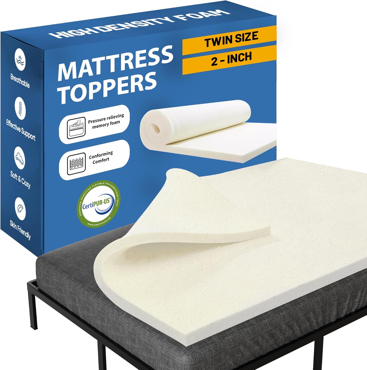 Greaton, 2-Inch High Density Medium Firm Foam Mattress Topper, CertiPUR-US Certified for Superior Comfort and Support, Full, White