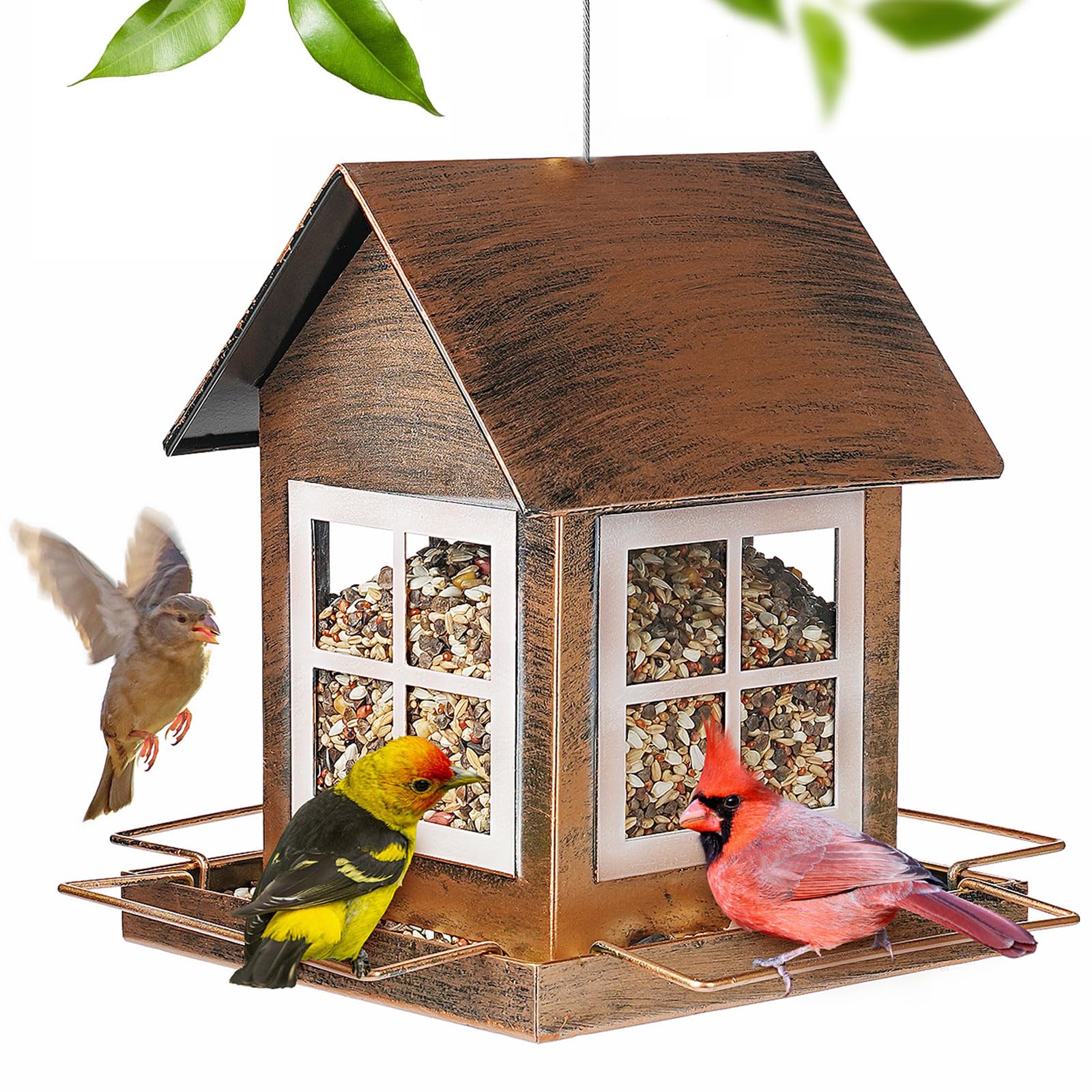 Comederos para pájaros, comedero de metal para colgar al aire libre, comedero de pájaros de gran capacidad resistente a la intemperie con hebilla a prueba de ardillas para exteriores, forma de