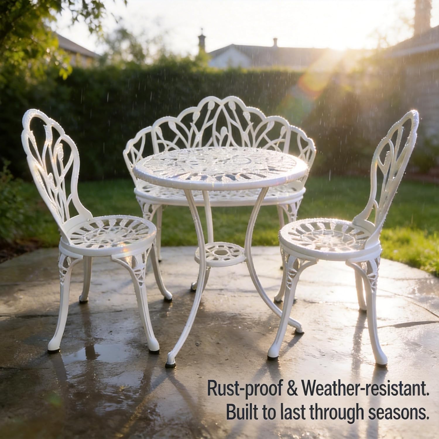 Outdoor 3-Piece Cast Aluminum Bistro Set w/Umbrella Hole and Loveseat Garden Bench, Rust-Proof Bistro Table and Chairs Set of 2, All-Weather Patio Furniture for Balcony, Backyard, White
