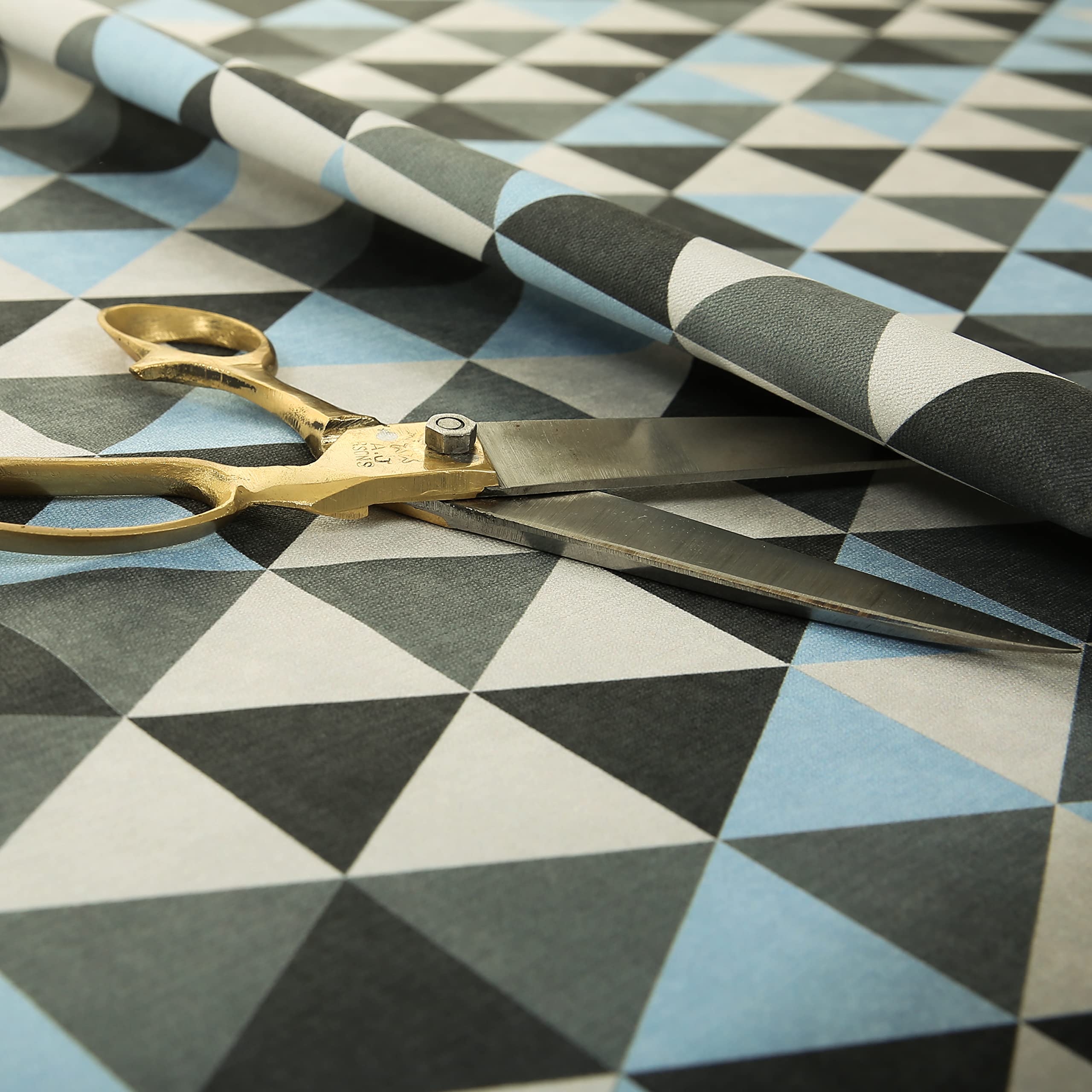 Designer Geometric Triangle Pattern Blue White Grey Interior Soft Upholstery Fabric (Per Metre)