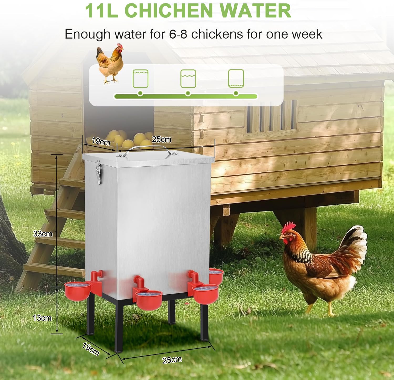 Abbeveratoio per polli da 11 L, Abbeveratoio automatico in acciaio inossidabile con 4 vaschette, chiusura a scatto e supporto inferiore