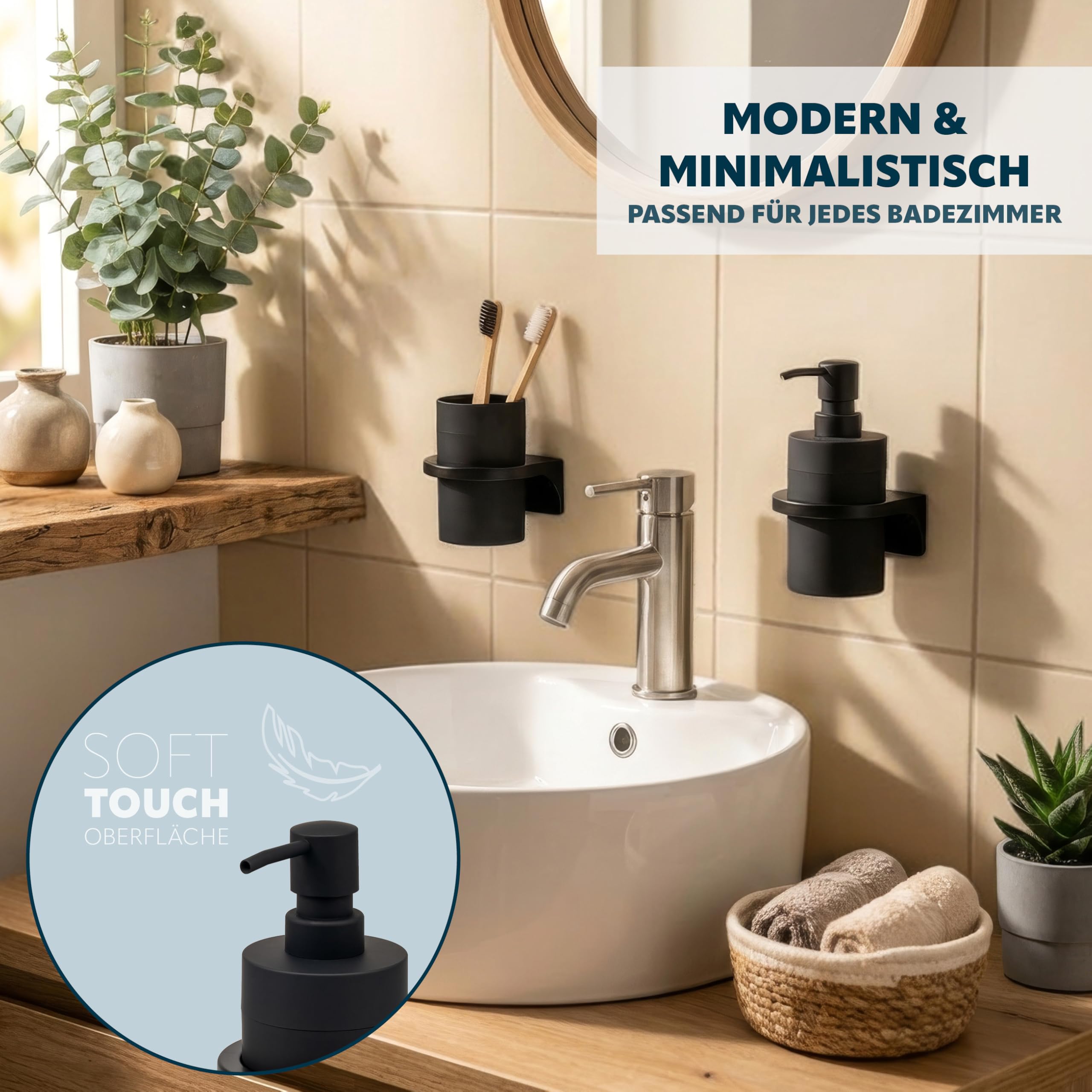 bremermann Badezimmer-Set Savona mit Soft-Touch Oberfläche inkl. Wandhalterung zum Kleben oder Bohren, rundes Bad-Accessoires Set 2tlg. aus 1x Seifenspender und 1x Becher aus Kunststoff (Schwarz)