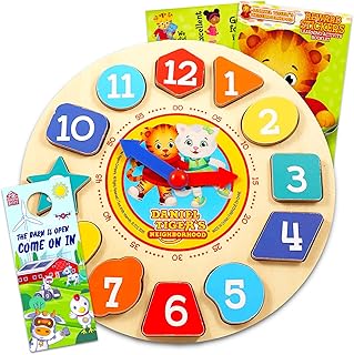 Daniel Tiger Clock Puzzle Shape Sorting Game for Toddlers, Kids ~ 4 Pc Learning Toy Bundle with Daniel Tiger Wooden Clock, Stickers, and More (Daniel Tiger Wood Toys)