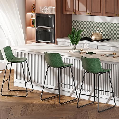 Miniatura 40 de Juego de 3 taburetes de bar de 26 pulgadas, modernos taburetes de bar de altura de barra, taburetes de bar de cuero sintético con respaldo y patas
