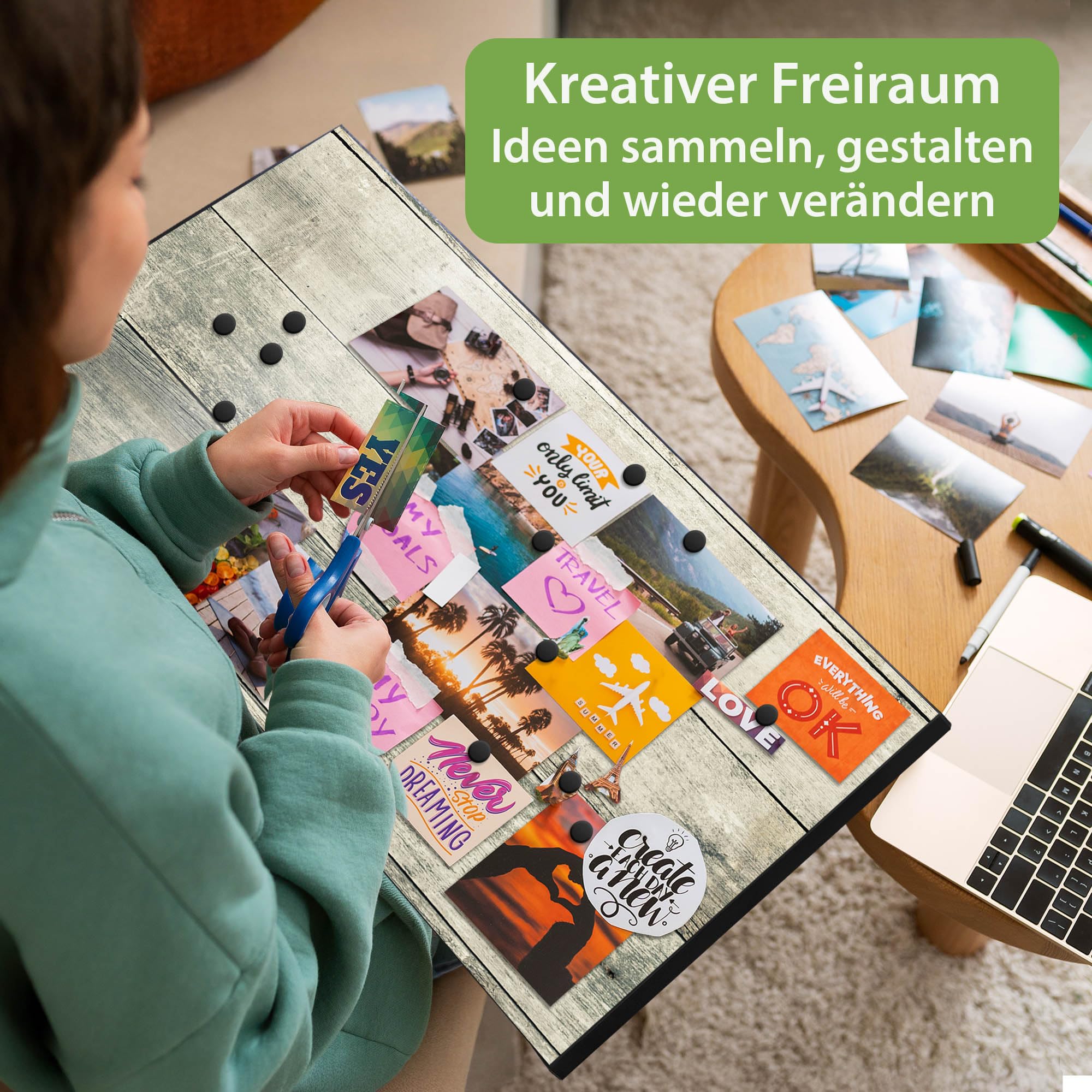 banjado Magnettafel Metall 78 x 37cm - beschreibbare Magnettafel - Metall Pinnwand als Memoboard - Magnetwand Küche, Büro, Kinderzimmer Schwarz inkl. 4 Magnete & Montageset - Motiv Graue Planken