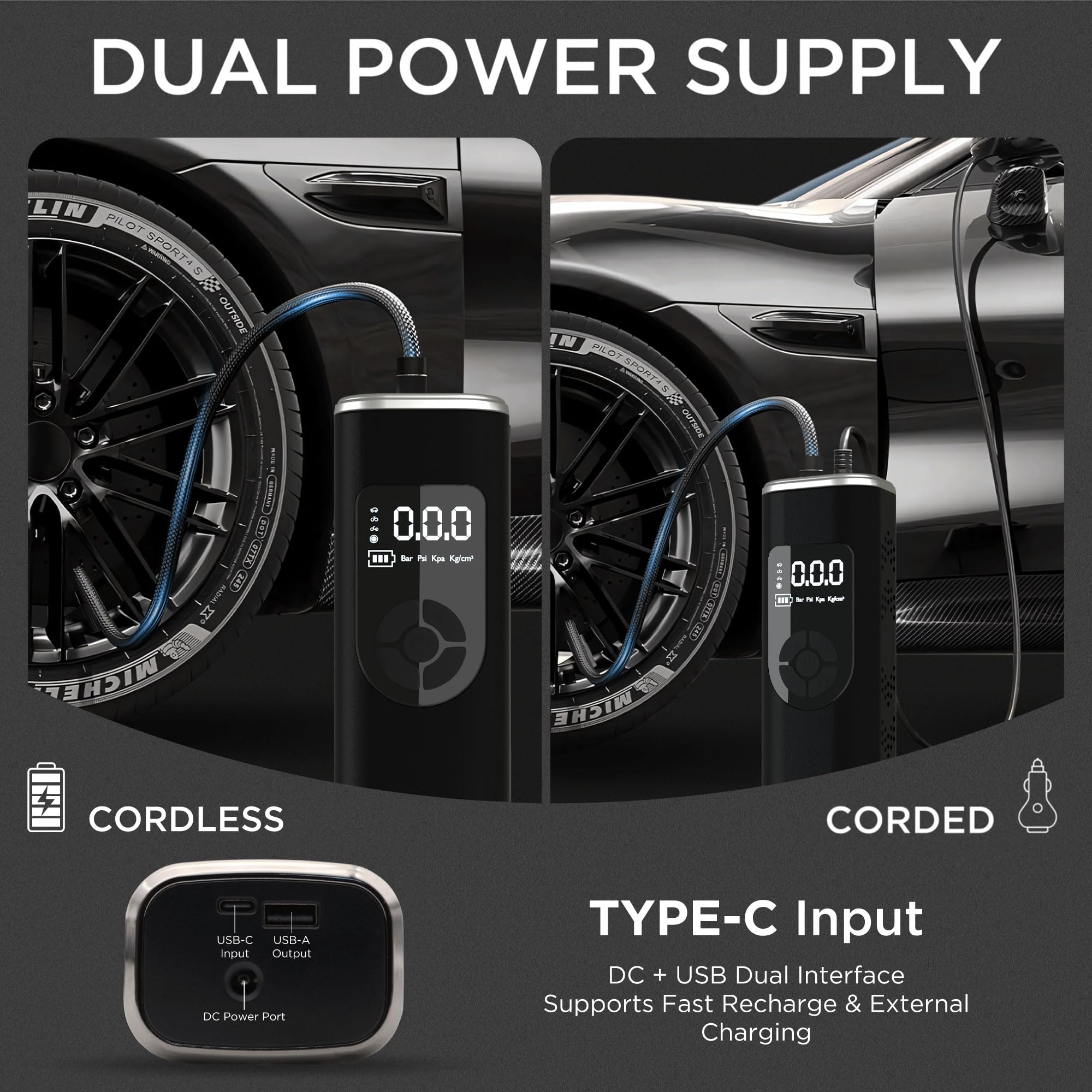 StartPro, compressore d'aria portatile, 150 psi, pompa ad aria senza fili, doppia potenza, display LED, torcia, spegnimento automatico, gonfiaggio rapido per auto, moto, bici e attrezzature sportive