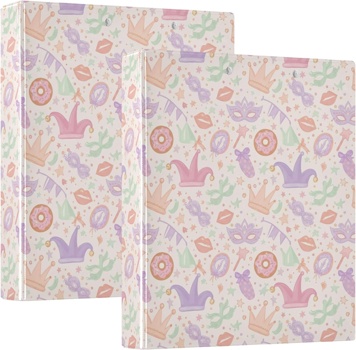 Mardi Gras Theme 3 Ring Binders, 1.5” Round Ring Binders with Clipboard - Letter Size, 3 Interior PVC Clear Pockets & Anti-Slip Clip for Office School Supplies, 2PCS