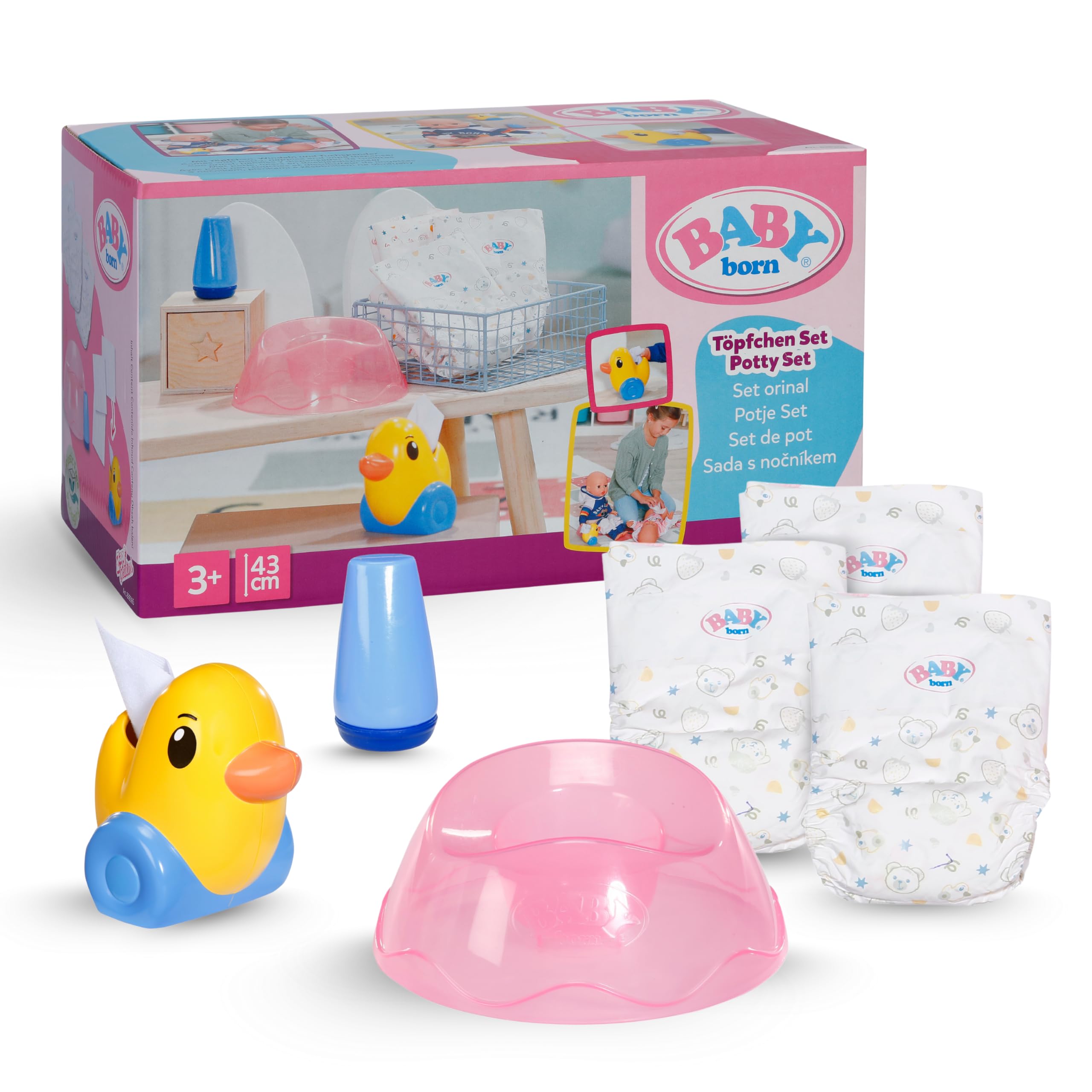Baby Born Töpfchen Set für 43cm Puppen mit Windeln, Creme-Dose und Ente Berta als Papierspender, 838365 Zapf Creation, Rosa