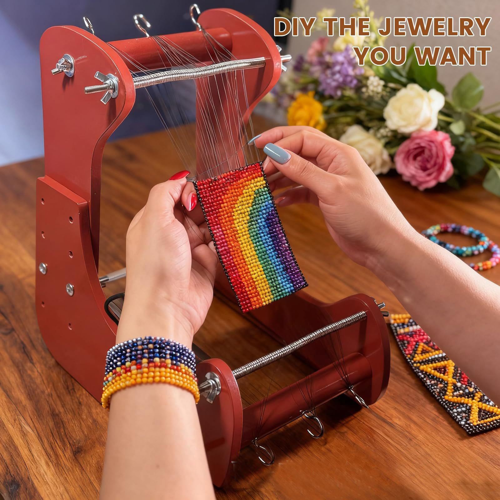 Marco de cuentas de joyería de madera con configuración de ajustable para encordar pulseras, tejer cuentas y trabajos artesanales Marco de tejido de cuentas ajustable Herramienta de encordar de