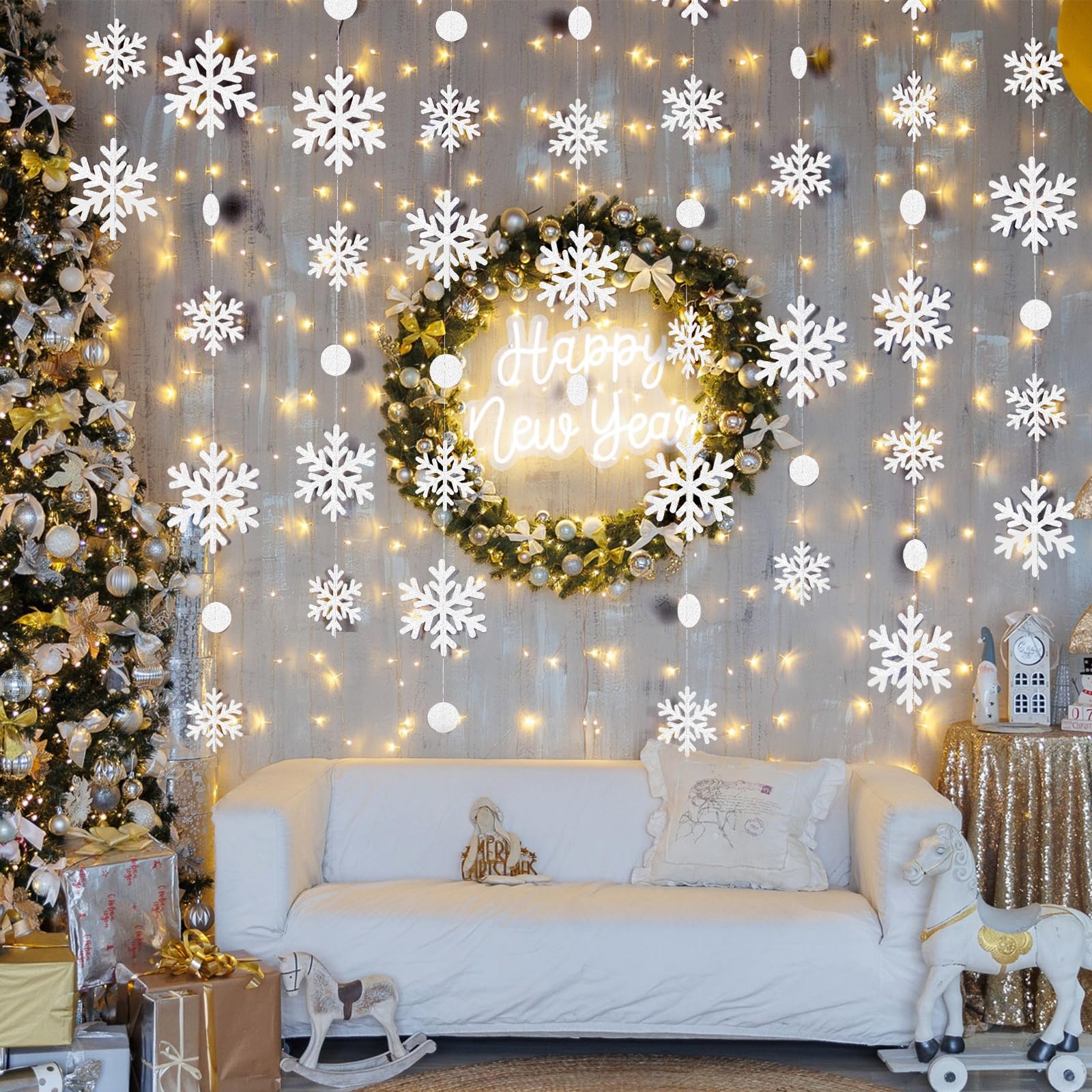 Paquete de 8 guirnaldas colgantes de copo de nieve con purpurina para invierno, Navidad, decoración de fiesta de invierno del país de las maravillas, cumpleaños congelados, suministros de fiesta,
