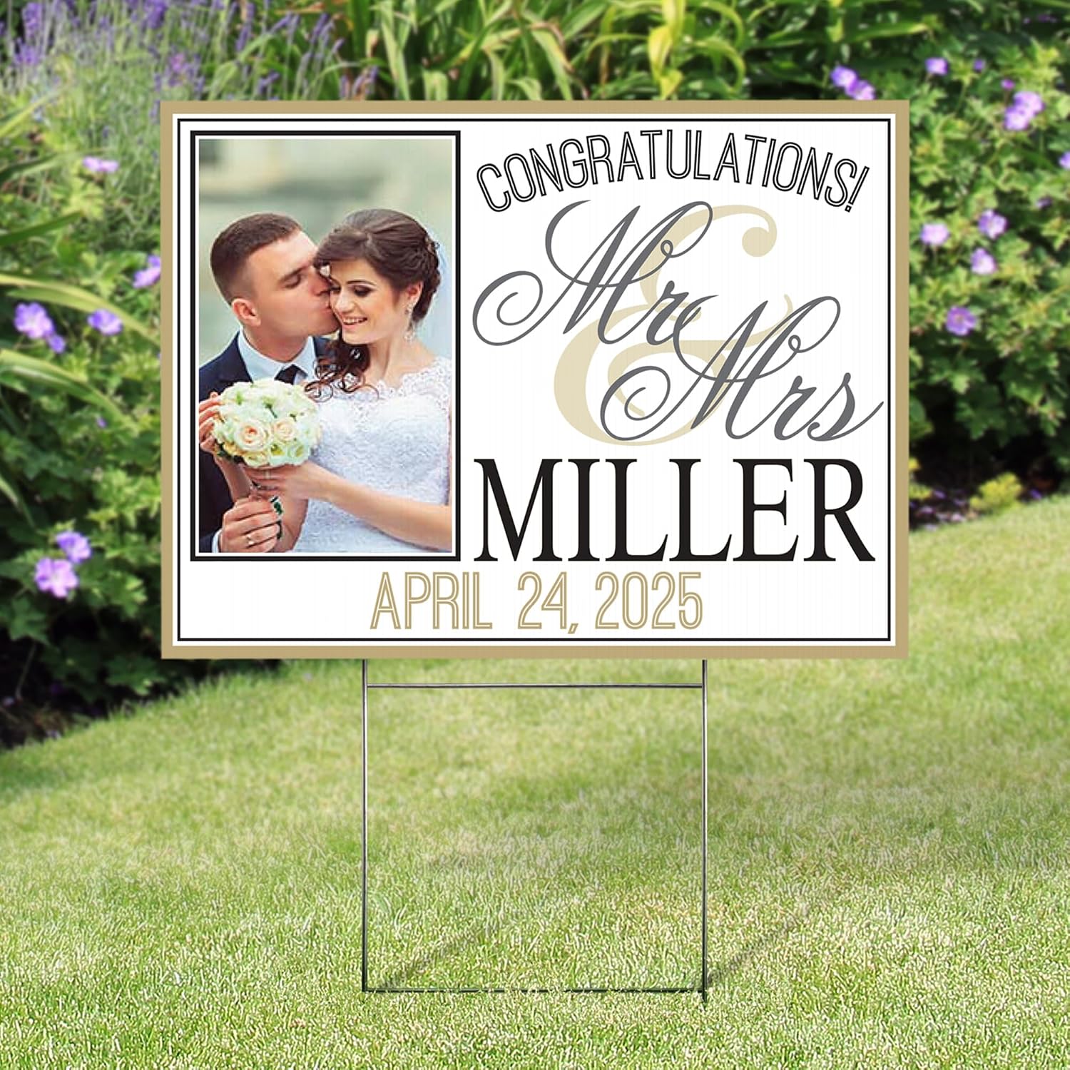 Let's Make Memories Personalized Wedding Announcement Photo Yard Sign - Outdoor - Garden - Wedding Reception - Large 18x24" Custom Sign with Metal Stake - Mrs & Mrs 2-Sided Printing