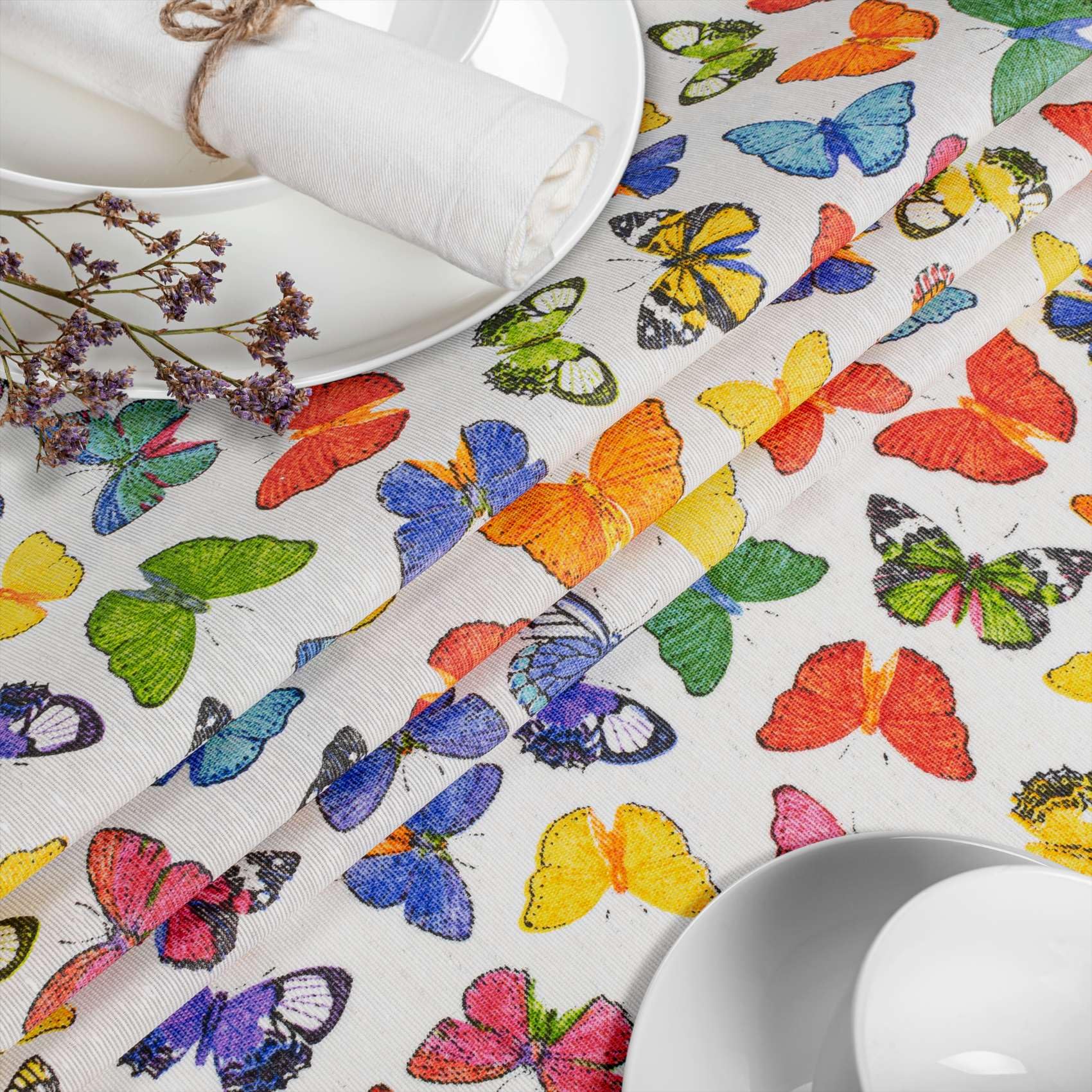 Mantel de tela textil lavable, mantel de algodón y poliéster, diseño de mariposas, ovalado, 260 x 140 cm, para interior y exterior