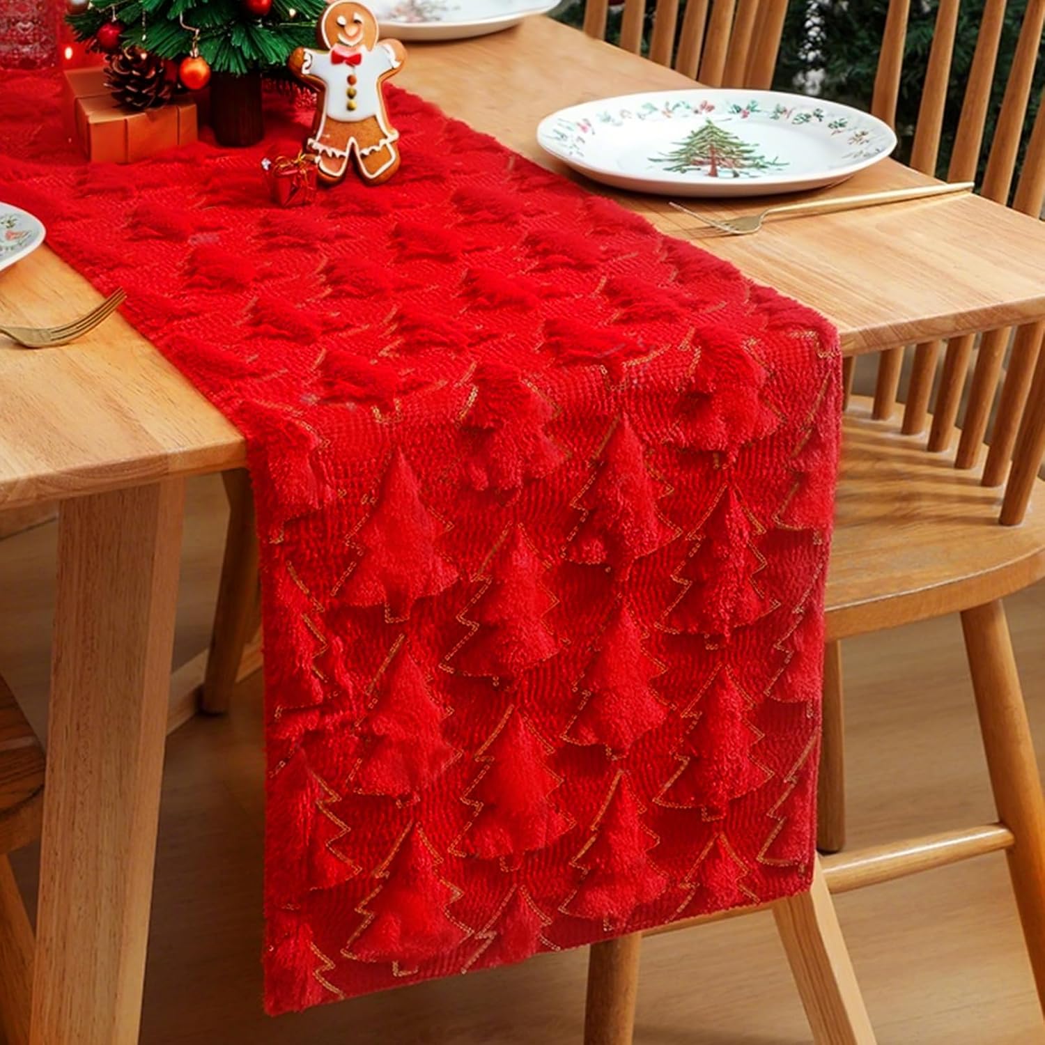 Christmas Trees Red Soft Plush Faux Fur Jacquard Christmas Table Runner, Holiday Kitchen Dining Table Decoration for Home Party Decor 13x108 Inch