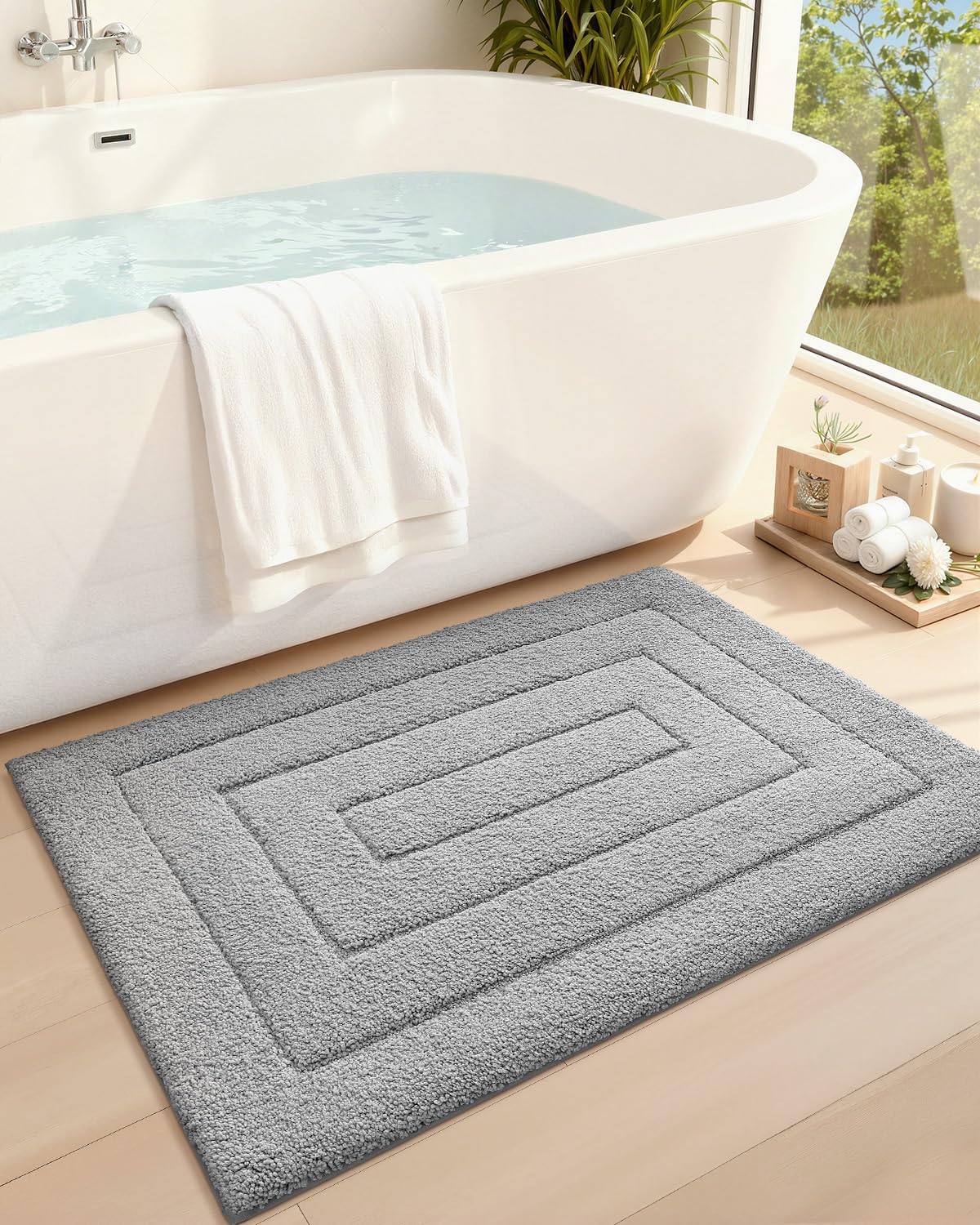Color&Geometry Bathroom Rugs 36"x24" Non Slip with Rubber Backing,Absorbent Washable Bath Mat Quick Dry Bath Mat for Bathroom,Soft Bathmat Microfiber Plush Carpet for Bathtub and Shower Floor,Grey