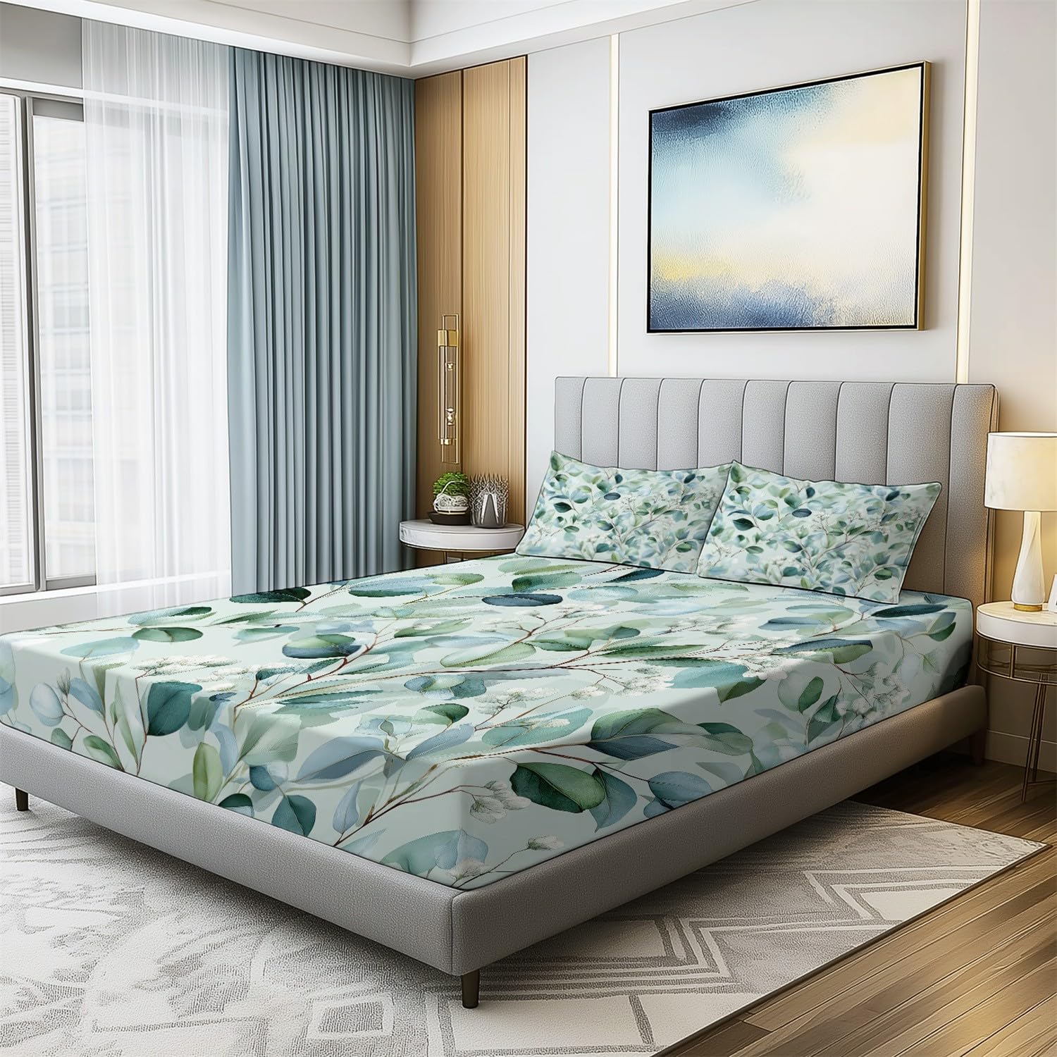 Drap Housse Vert Feuilles Plantes de à l'aquarelle - Drap-Housse Microfibre Brossée,Antidérapant Ajustable Housse Matelas 180 x 240 avec 2 Taie d'oreiller 65x65, pour Adolescents et Adultes