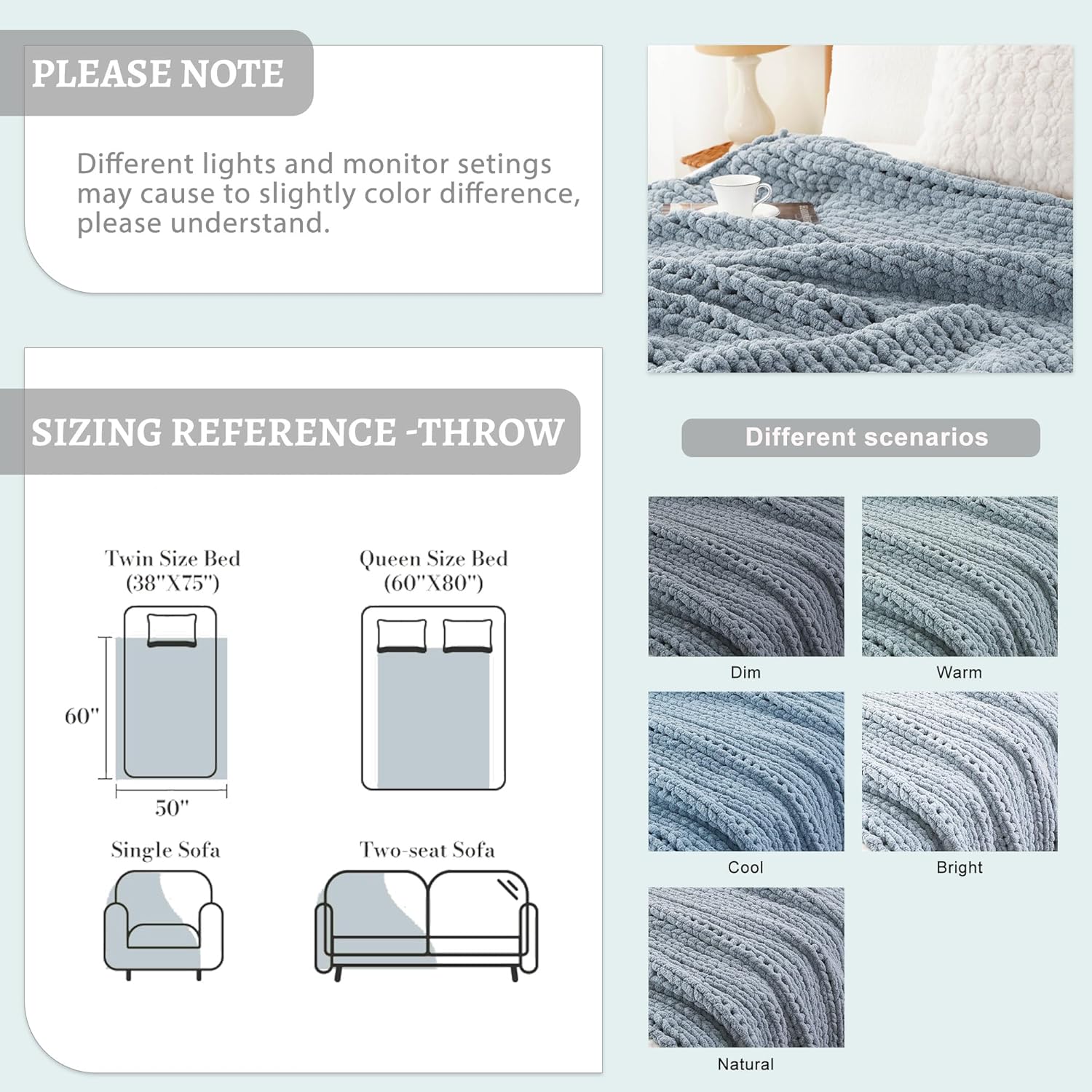 Battilo Chunky Knit Throw Blanket for Couch, Soft and Thick Chenille Throw Blanket, 50"x60" Handmade Cable Knit Crochet Blanket, Bluish Grey Knot Knitted Throw Blankets for Home Decor, Bluish Grey - Image 6