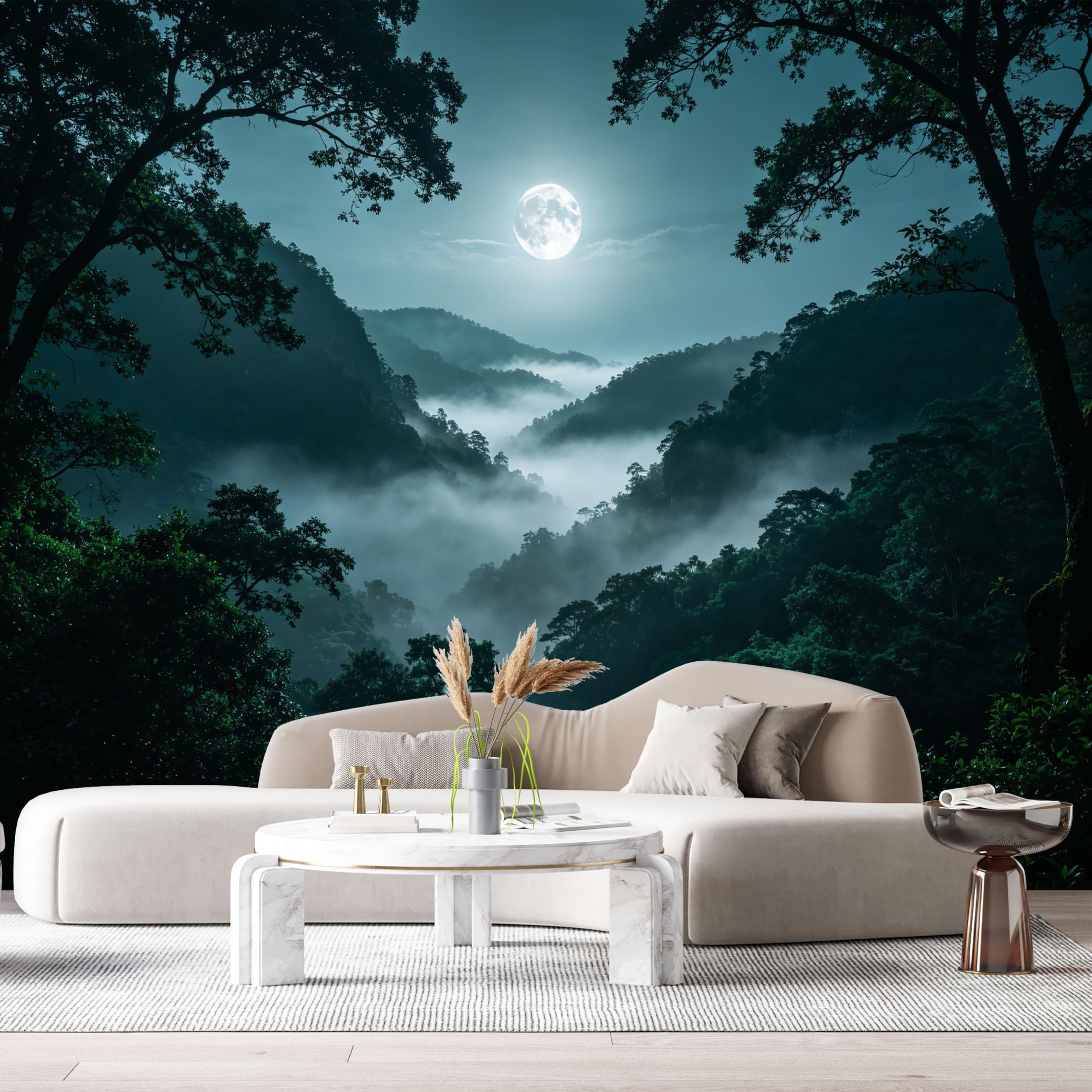 Custom Size Wall Murals Moonlit Forest Landscape Misty Mountains Night Sky SelfAdhesive Wall Fabric Removable Large Wallpaper for Photo Living Room