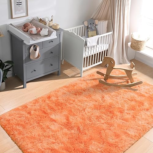 Miniatura 5 de Softlife Alfombra naranja para dormitorio, alfombra peluda de felpa mullida de 4 x 6 pies para sala de estar, niñas y niños, alfombra pequeña teñida