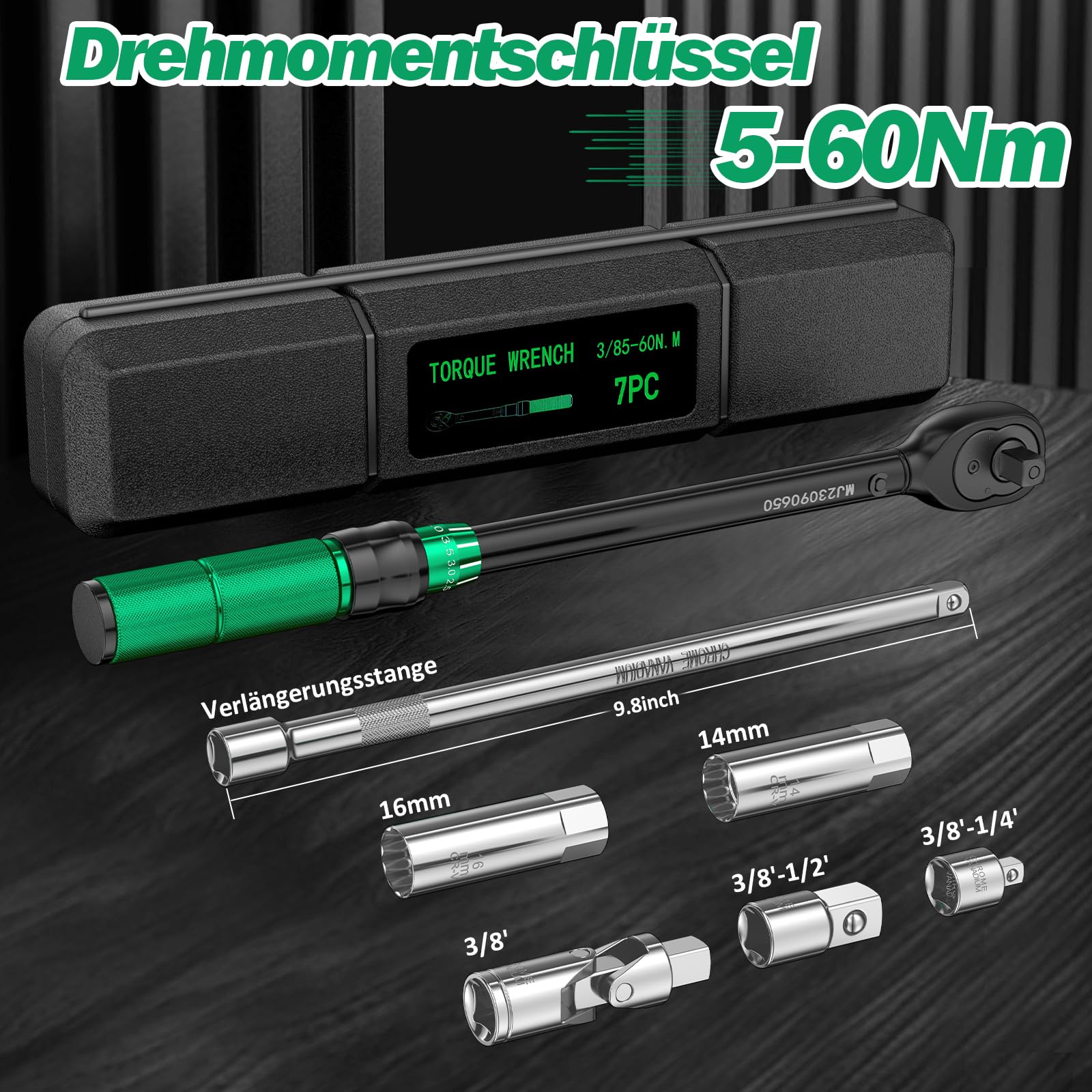 Chiave Dinamometrica 3/8" 5-60Nm, con Prolunga da 25 cm, Utilizzata per la Sostituzione Delle Candele di Accensione di Biciclette, Motocicli e Automobili