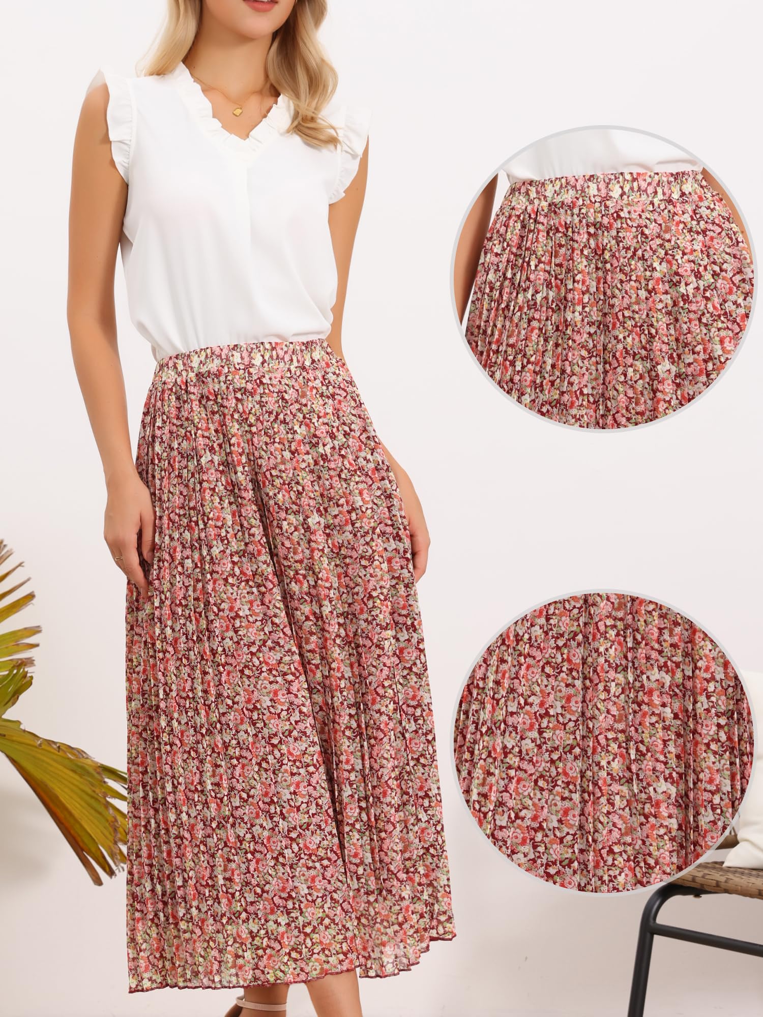 Allegra K Damen Maxirock mit Blumenmuster Faltenrock Elastischer Bund | Blumenmuster Rock A Linie Elastischer Bund Lässiger Saum Plissiert Boho Sommer Leicht