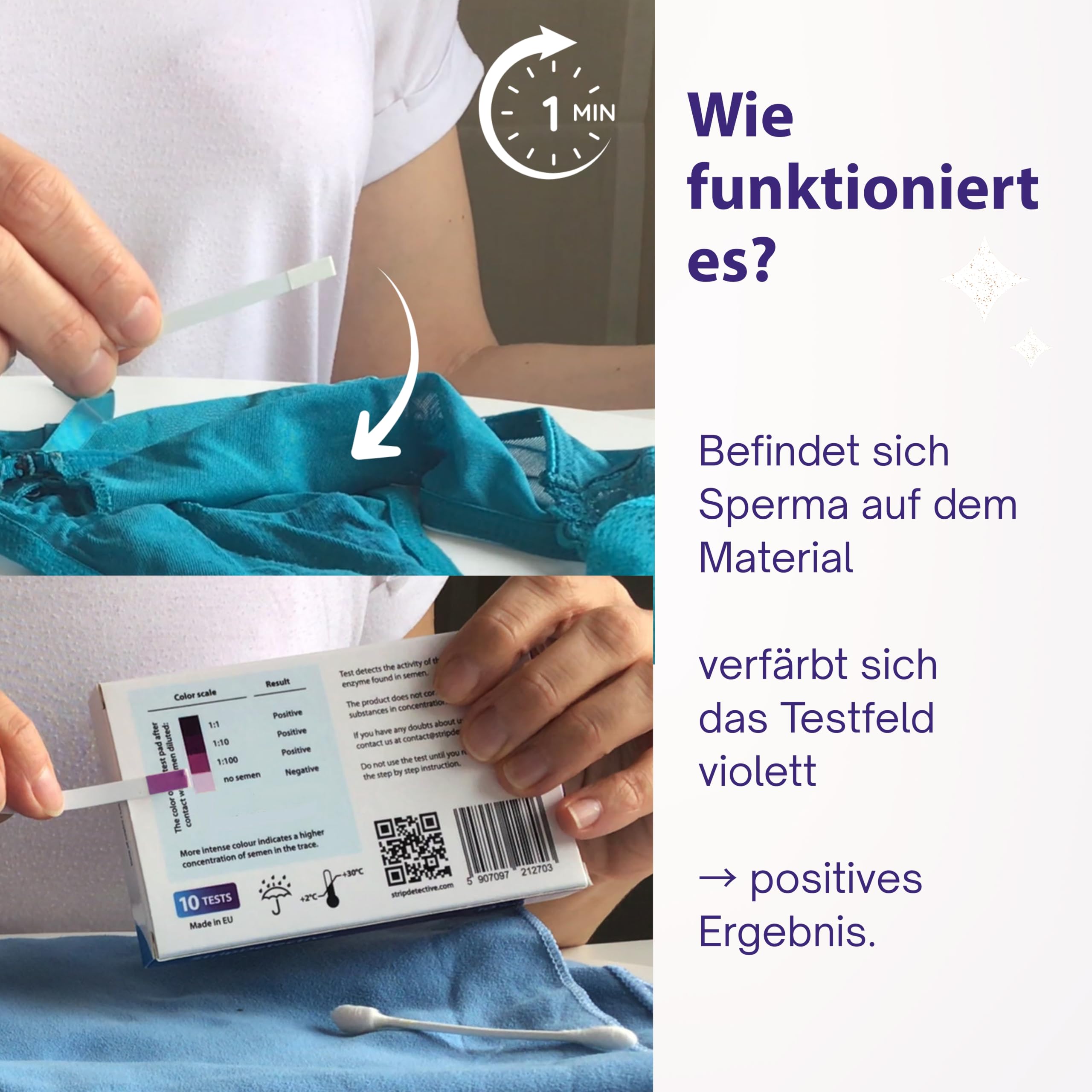 Home Verratstest – Spermanachweis-Heimtest, 10 Teststreifen + Sprühflasche – Ergebnis in 2 Min – Nachweis saurer Phosphatase auf Textilien & Oberflächen – diskret & einfach