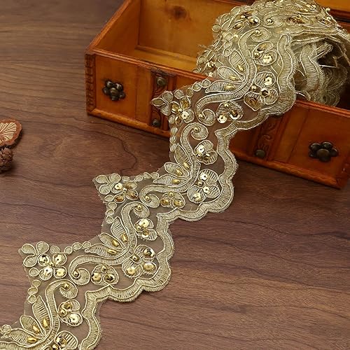 IDONGCAI Cinta de encaje dorado con lentejuelas y cuentas vintage decorativas para boda/novias, manualidades, costura de encaje (3.6 pulgadas de