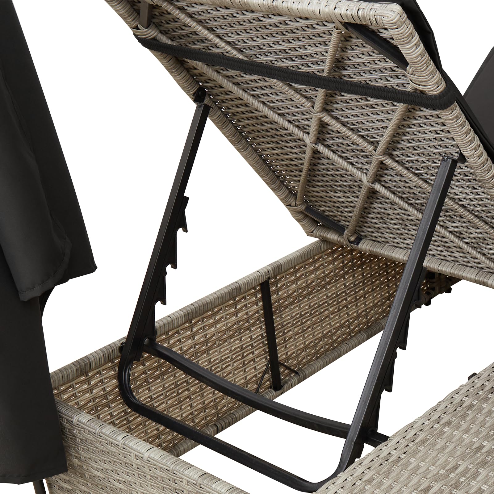 Chaise longue double avec toit et rideaux gris clair en polyrotin - Lit de jour d'extérieur avec auvent pour deux personnes, appuie-tête réglables et coussins résistants aux intempéries