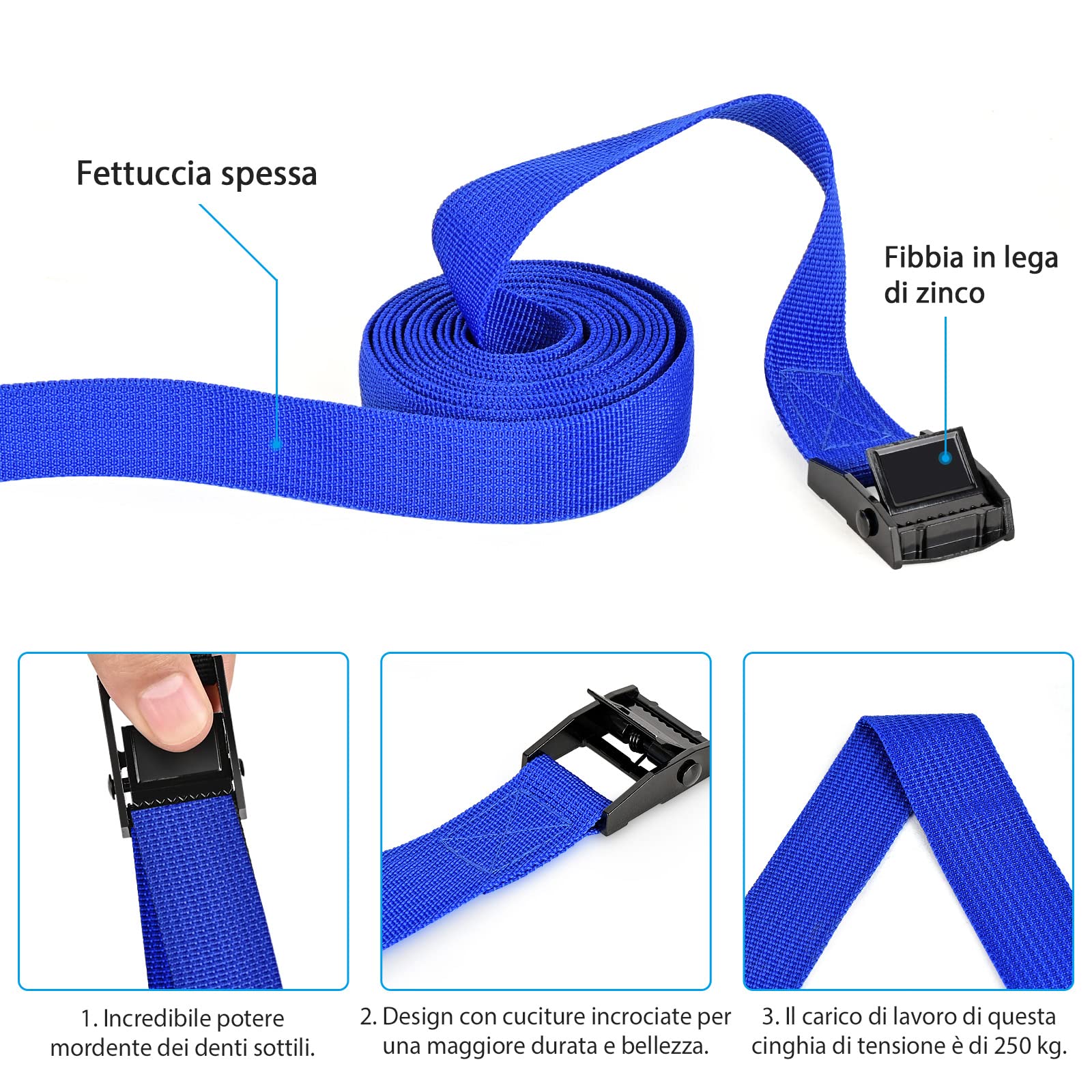 Kshineni 4 Pezzi Cinghia di Fissaggio Cinghie per Valigie 4m x 2.5cm con Chiusura a Morsetto, Cinghie di Fissaggio per Camion, Carico, Moto, Rimorchi, Bagagli (Blu