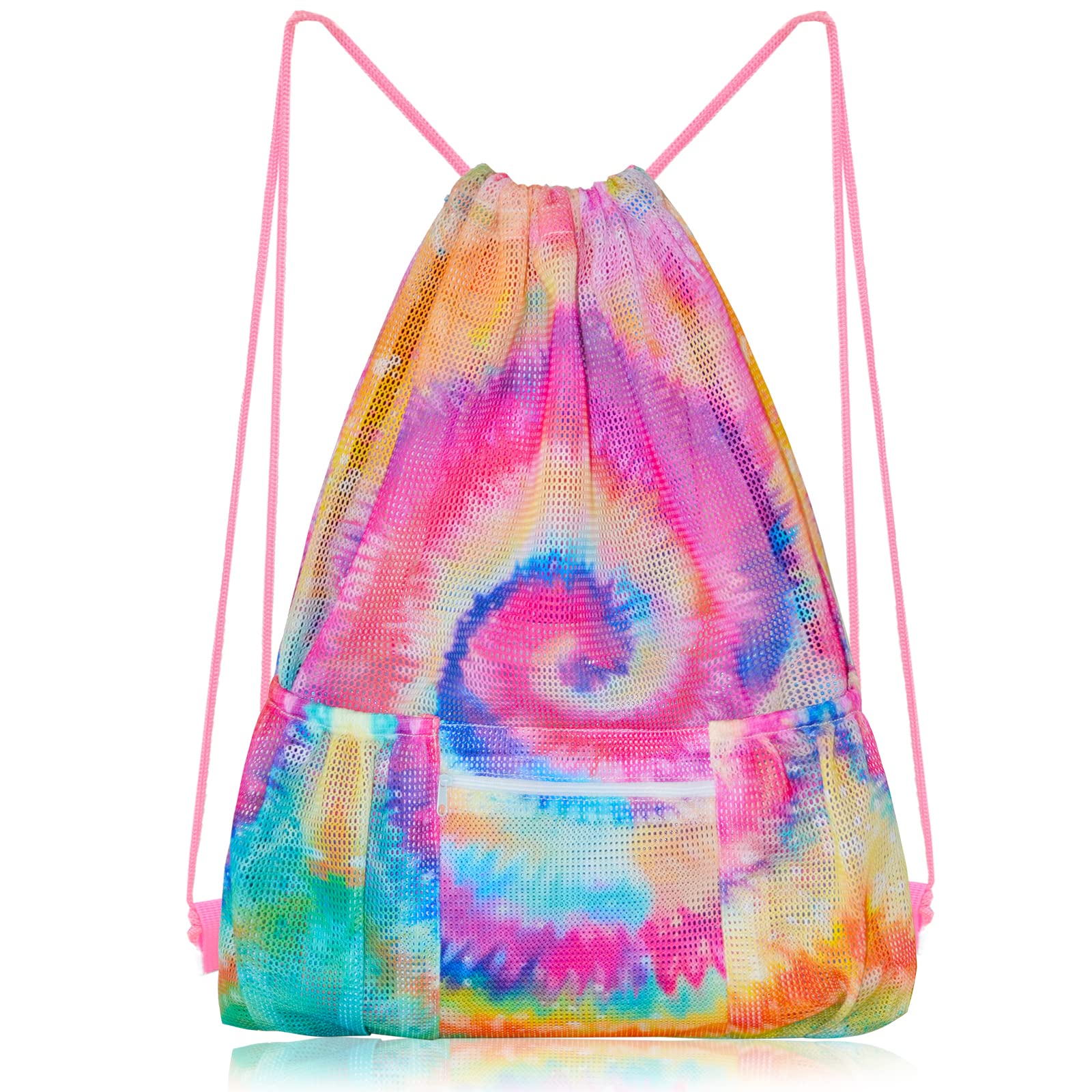 Mesh Drawstring Bag with Zipper Pocket, Beach Bag for Swimming Gear Backpack Gym Storage Bag for Adult Kids (Tie Dye)