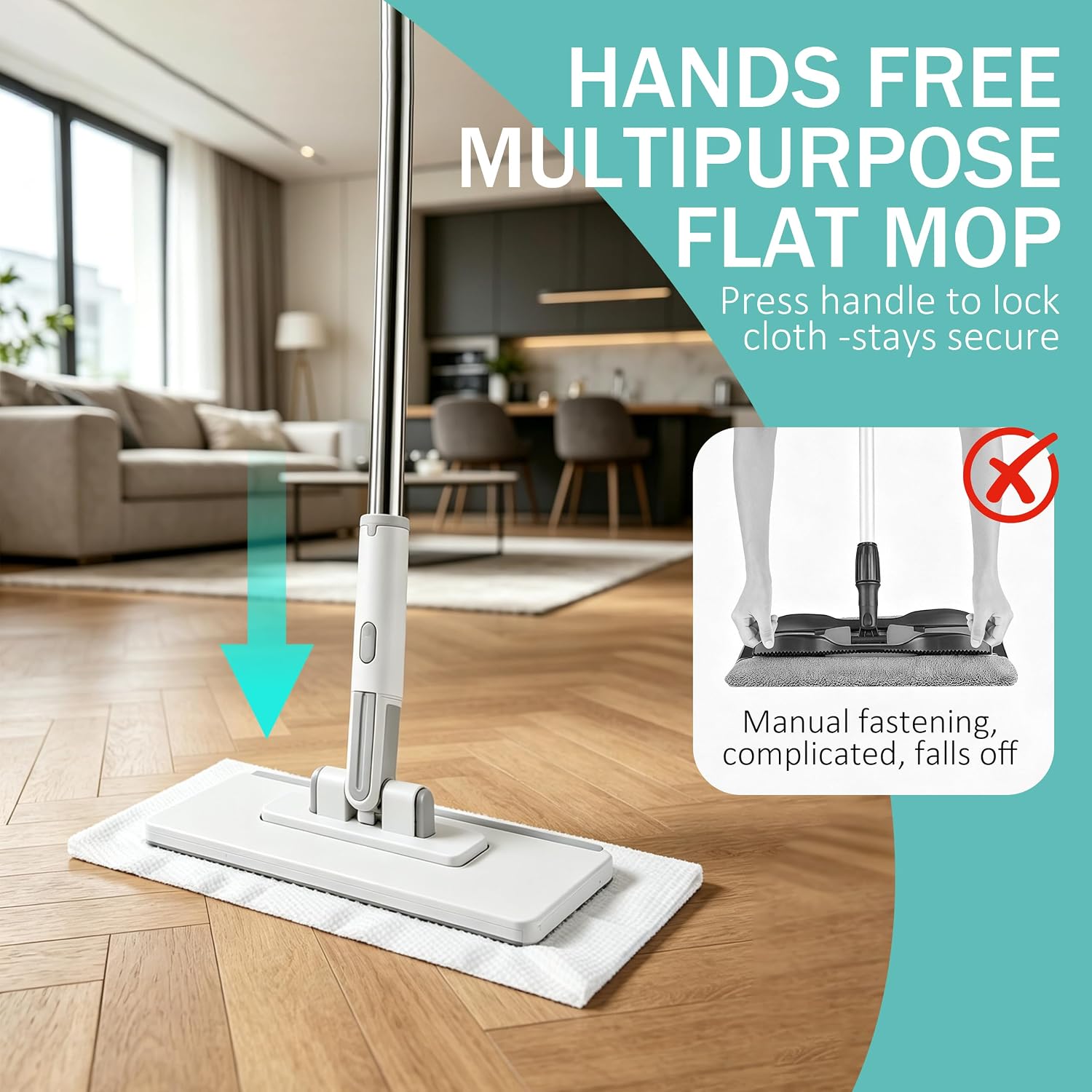 10.2x4.1x49.2 Hands Free Multipurpose Flat Mop, Zero Touch Snap Grip Mop, Auto Clamp & One-Click Release, Long Handle to Save Your Back, 360° Rotation Head, Dry Wet Use, Fits Any Cloth (Set A)