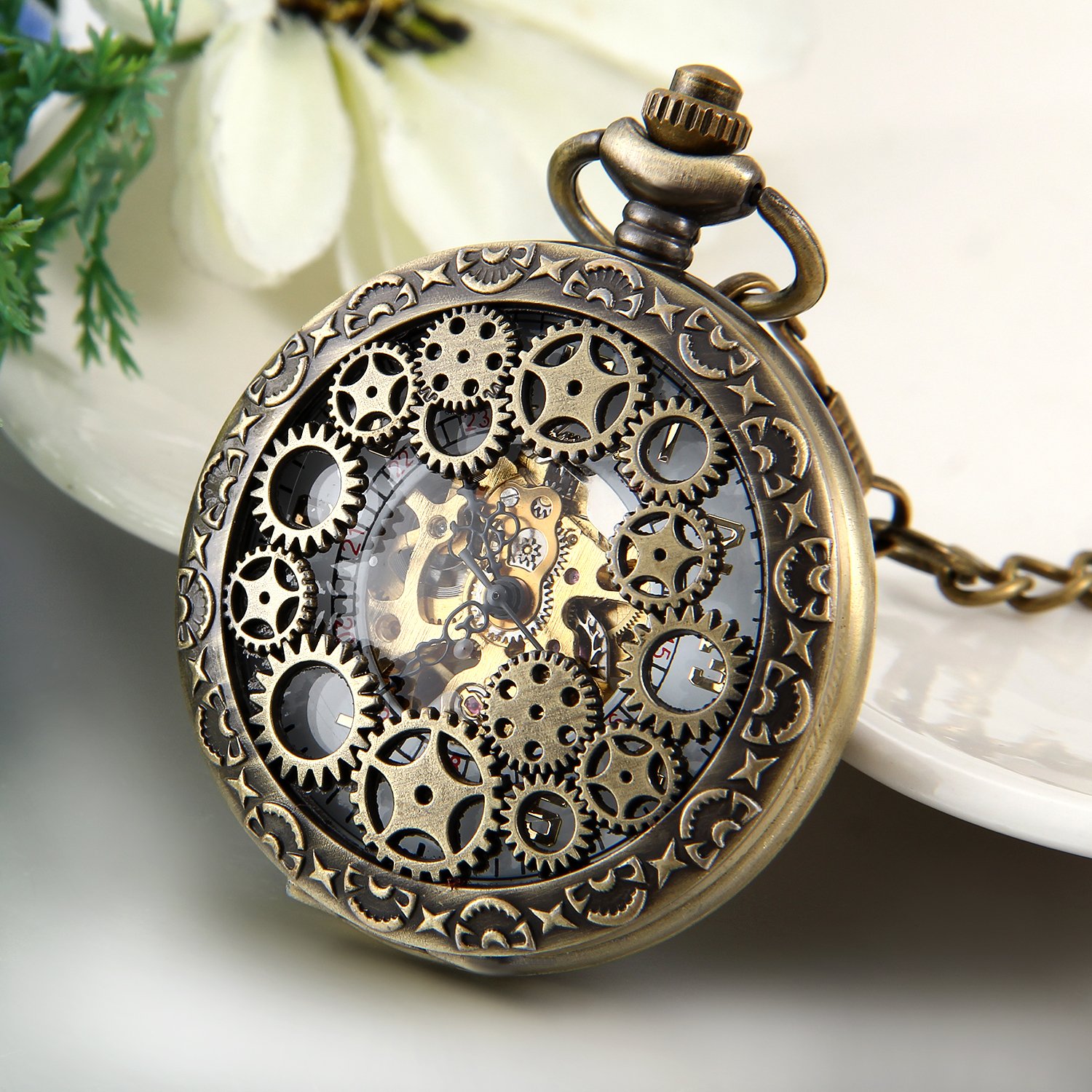 JewelryWe Montre à Gousset Homme Mécanique Automatique,Montres de Poche à Quartz Vintage Bronze,Montre Gousset Steampunk Homme Rétro avec Engrenage Mécanique pour Déguisement et Costume,1 ATM Etanche