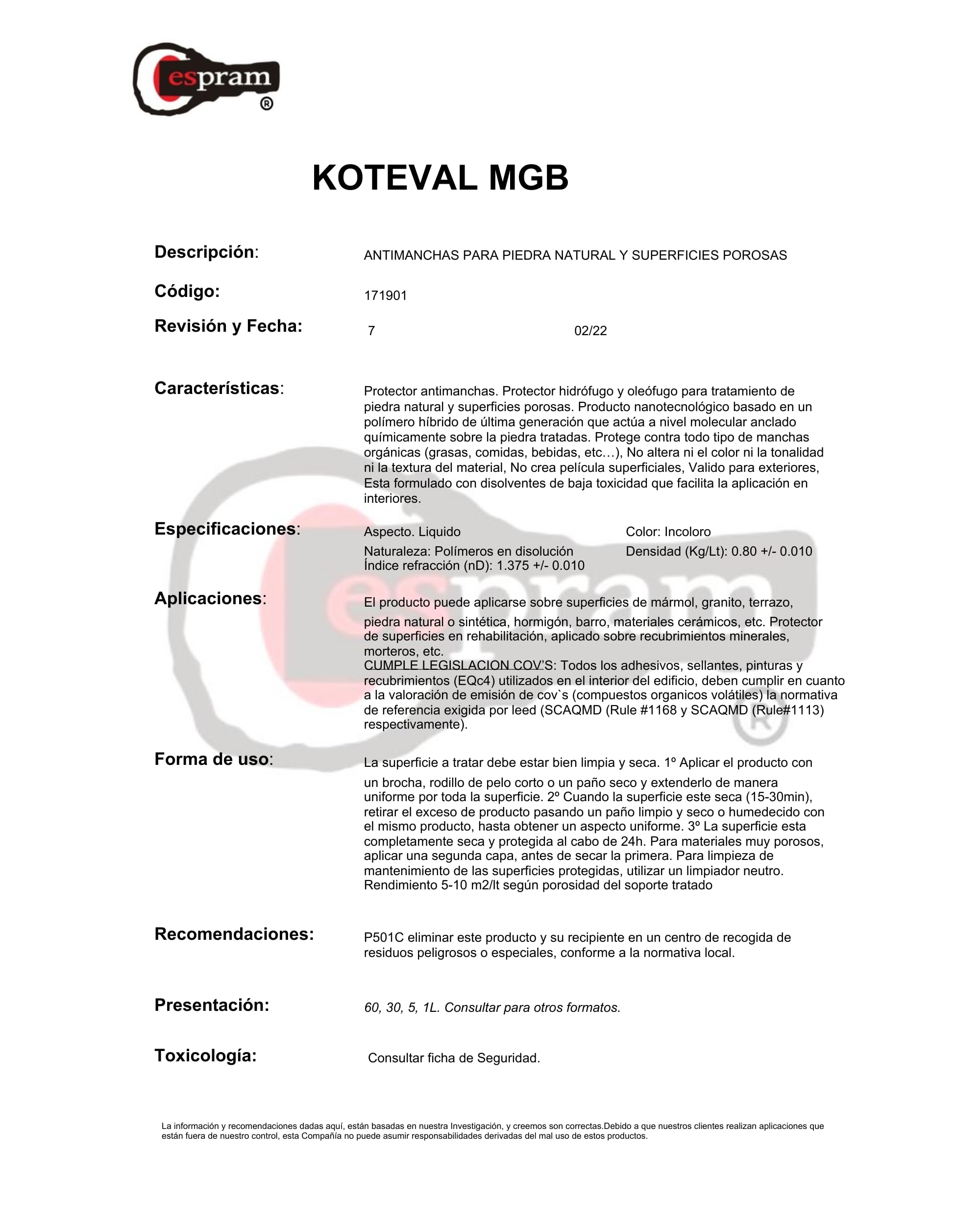 KOTEVAL MGB 1 L Antimanchas para Mármol, Granito y Piedra Natural, Protector Hidrófugo Oleófugo Invisible, Ayuda a Repeler Agua, Grasa y Suciedad en Superficies Porosas