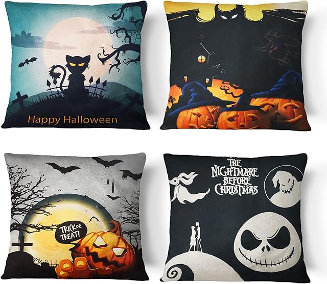 Aspiree Halloween Cushion Covers, Pumpkin Linen Cushion Covers, HalloweeHalloween Cushion Cases for Home Office, Halloween Sofa Bed Decoration, 4Pcs 45 x 45 cm, Style 2