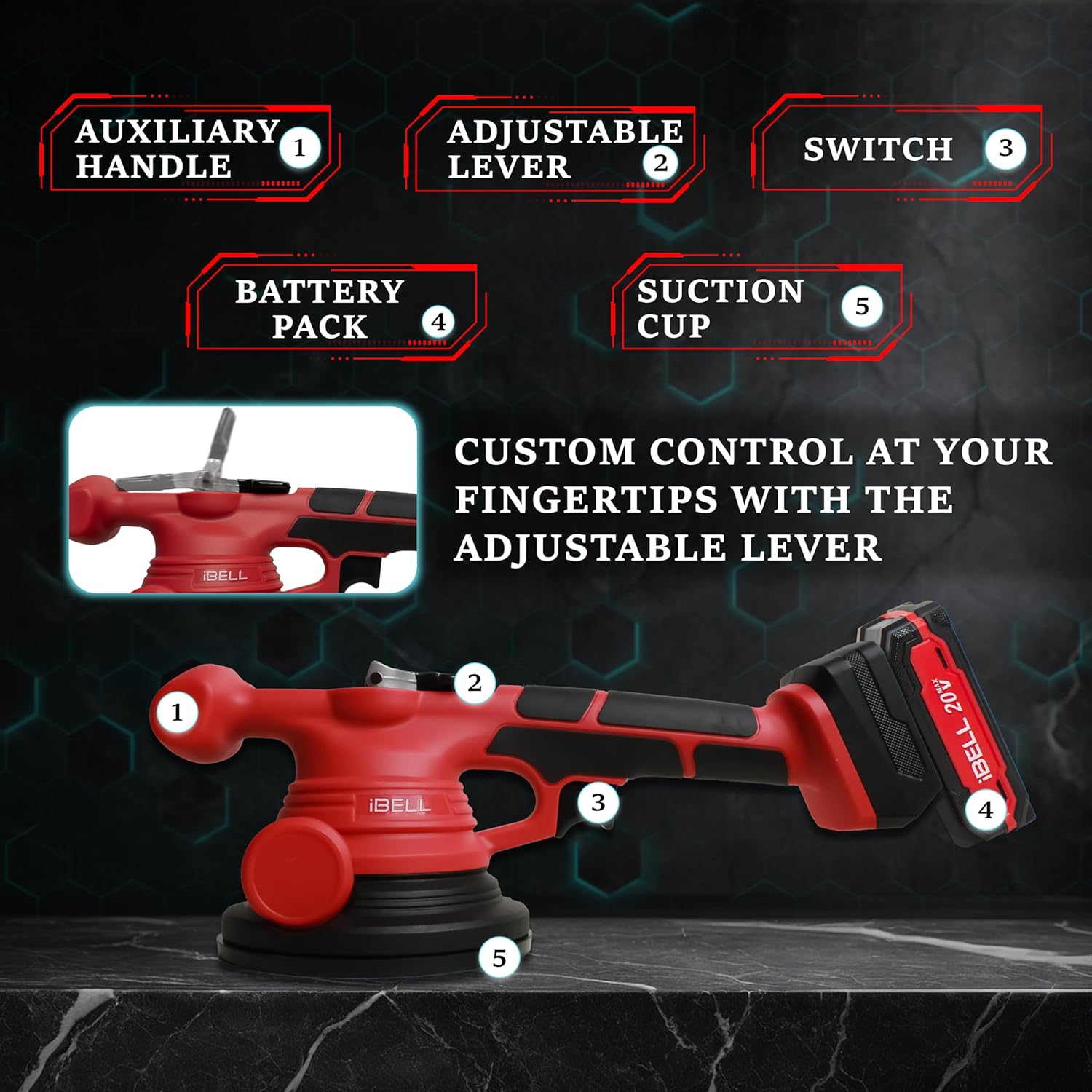 Diagram of IBELL CT 20-60 Tile Vibrator parts: Auxiliary Handle, Adjustable Lever, Switch, Battery Pack, Suction Cup.