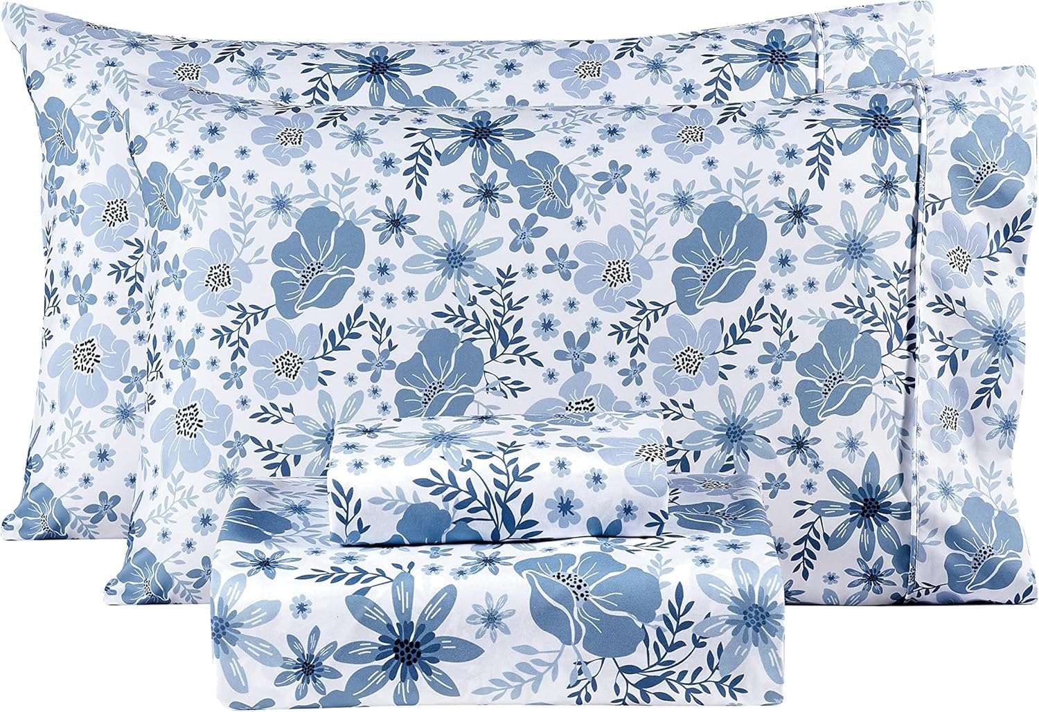 Mooreeke Twin 3-Piece Microfiber Bed Sheet Set, Blue & White Floral Pattern, Deep Pocket
