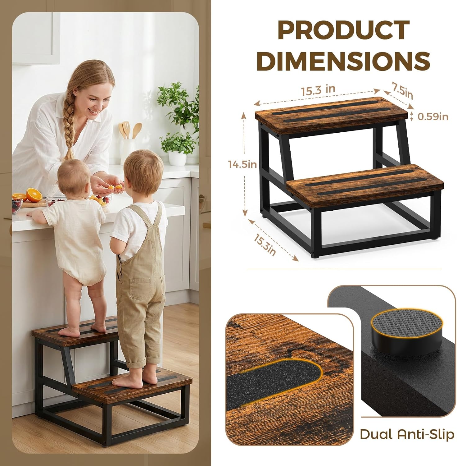 Step Stool, NomNest 2 Step Wooden Ladder Metal Foot Stool Small Kitchen Stool Helper for Toddler Adults, Ladder Chair for Home Bedside Bathroom Sink Potty