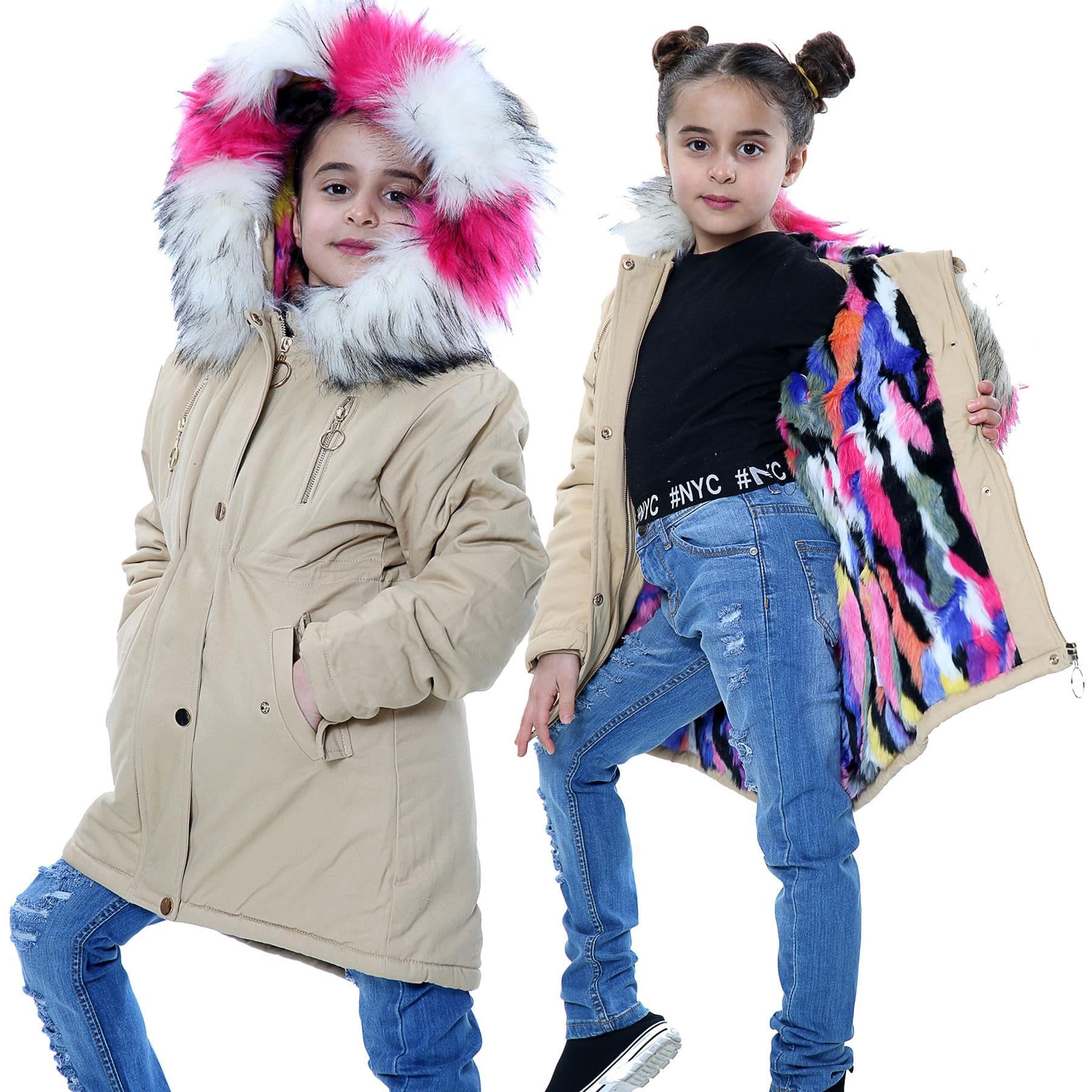 A2Z 4 Kids Faux Fur Lined Parka Coat Rainbow Fur Hood - Jacket JK24 Stone 9-10