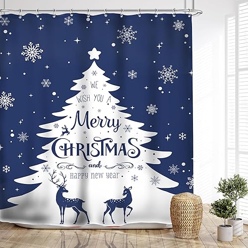 Glawry Cortina de ducha con diseño de árbol de Navidad, copos de nieve azules, renos, nieve, invierno, vacaciones, feliz año nuevo, estética, para
