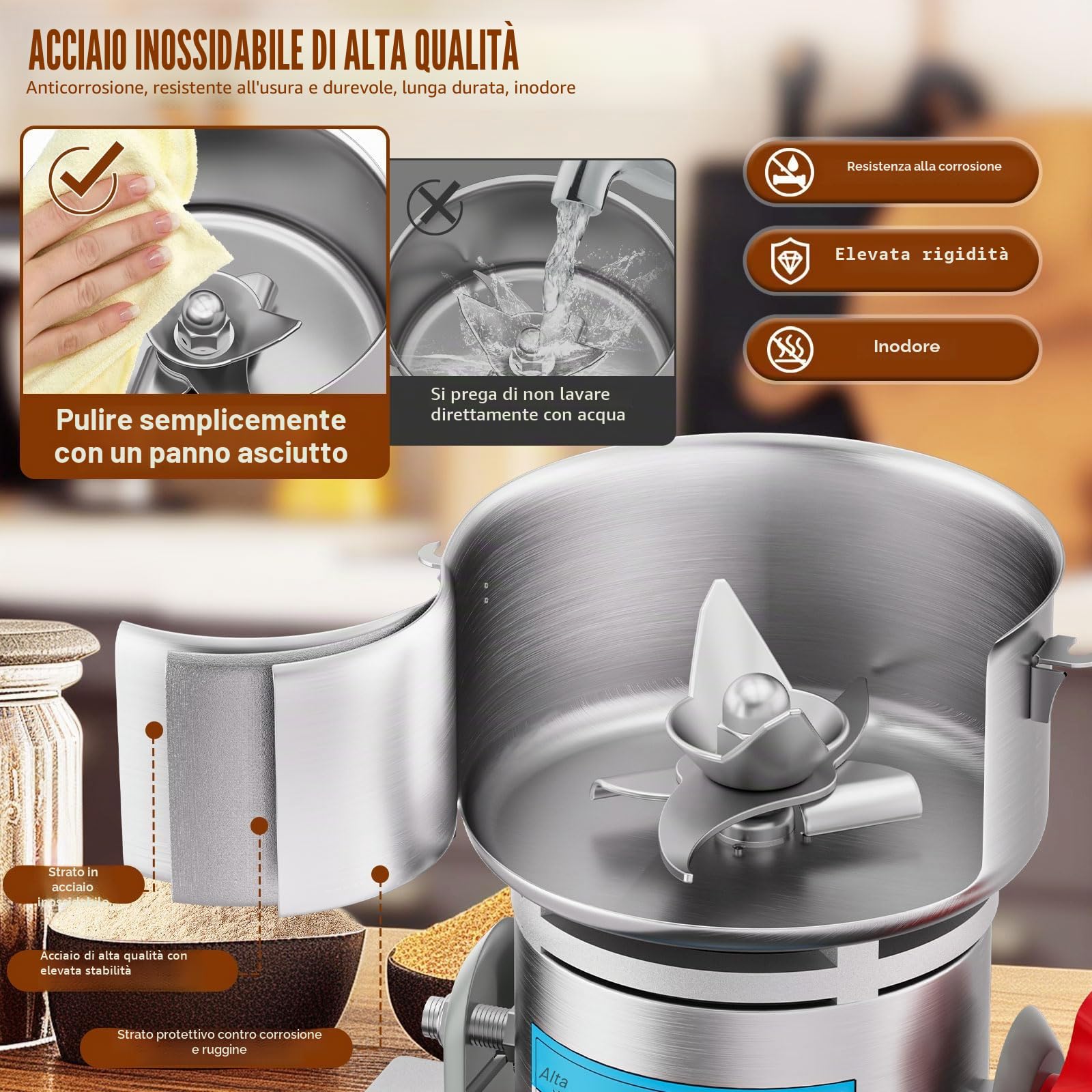 Mulino elettrico per grano da 1000 g, frantoio per grano 3000 W ad alta velocità, macchina per polvere commerciale con protezione da sovraccarico per cereali secchi, riso, chicchi di mais