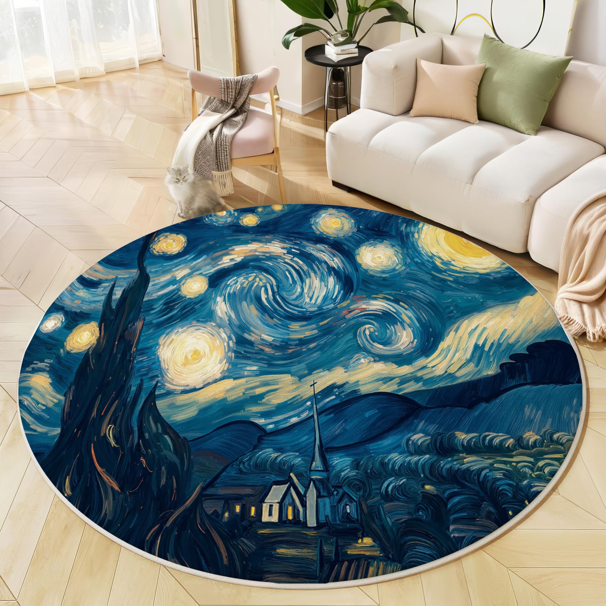Tapis circulaire salon au motif de nébuleuses d'arbres bleu foncé pour chambre cocooning