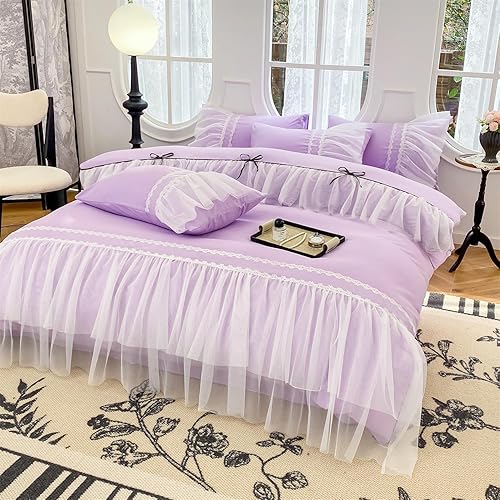 Miniatura 6 de Juego de funda de edredón de encaje con volantes, funda de edredón con lazo, ropa de cama de princesa para niños, 100% poliéster, juego de funda de