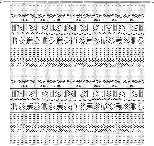 Miniatura 2 de Cortina de ducha geométrica bohemia negra y blanca, moderna, estilo tribal, retro, azteca occidental, abstracta, de mediados de siglo, tela de arte