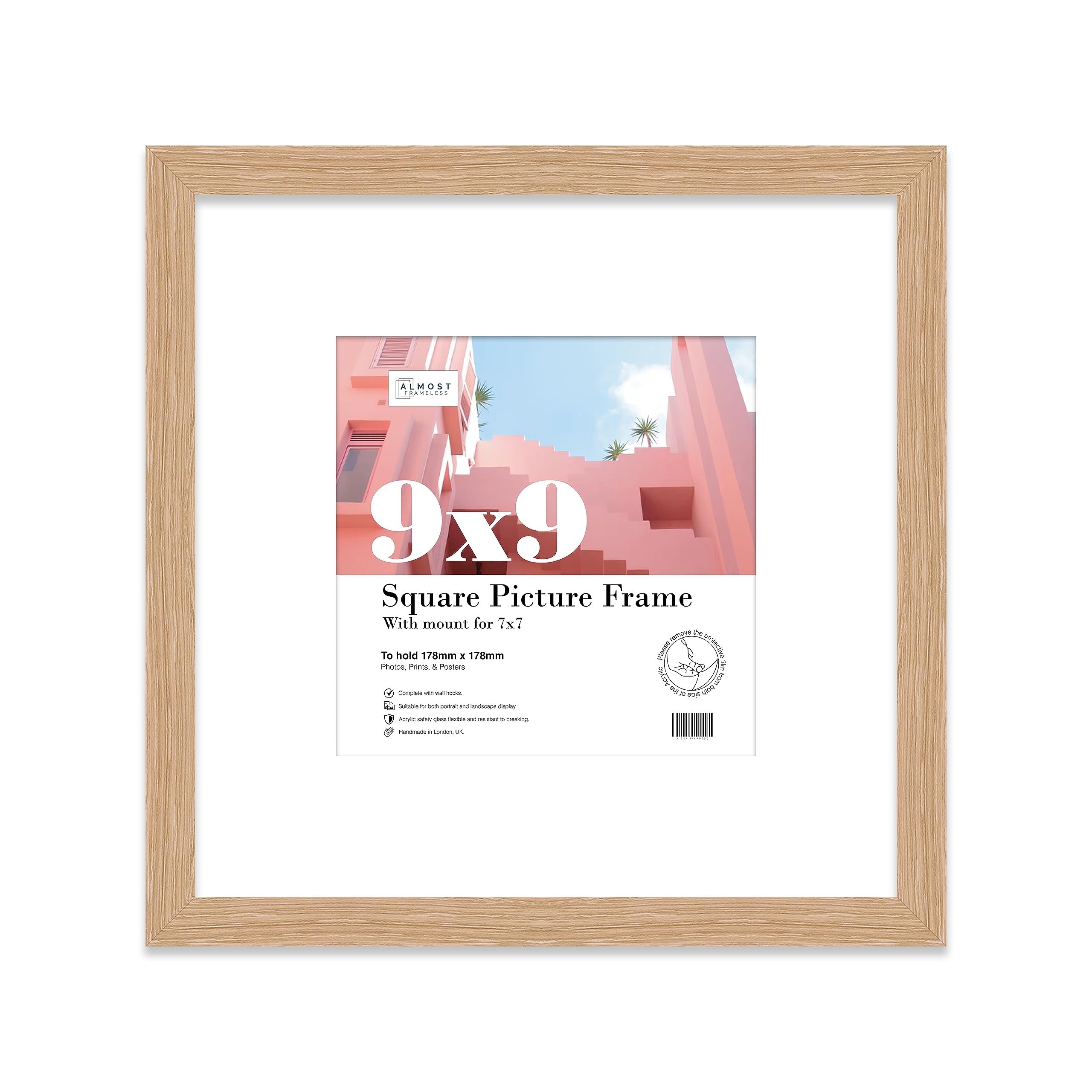 9x9 Oak Picture Frame with Mount for 7x7 Photos, Prints - Modern Square Wall Frame, 1 Pack