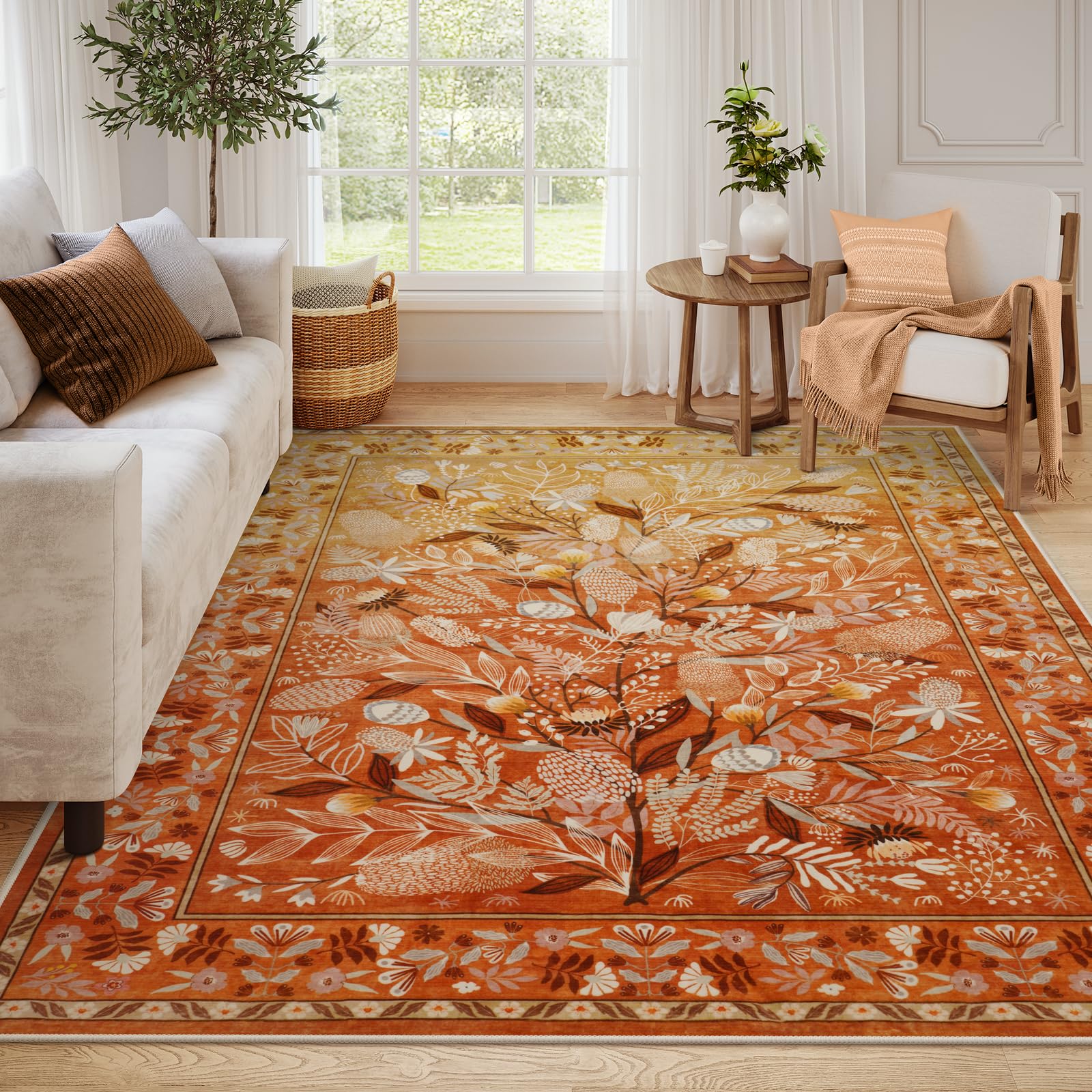 Anidaroel Orange Area Rugs for Living Room 8x10, Botanical Floral Machine Washable Modern Rug, Soft Large Rugs for Bedroom Non-Slip Accent Abstract