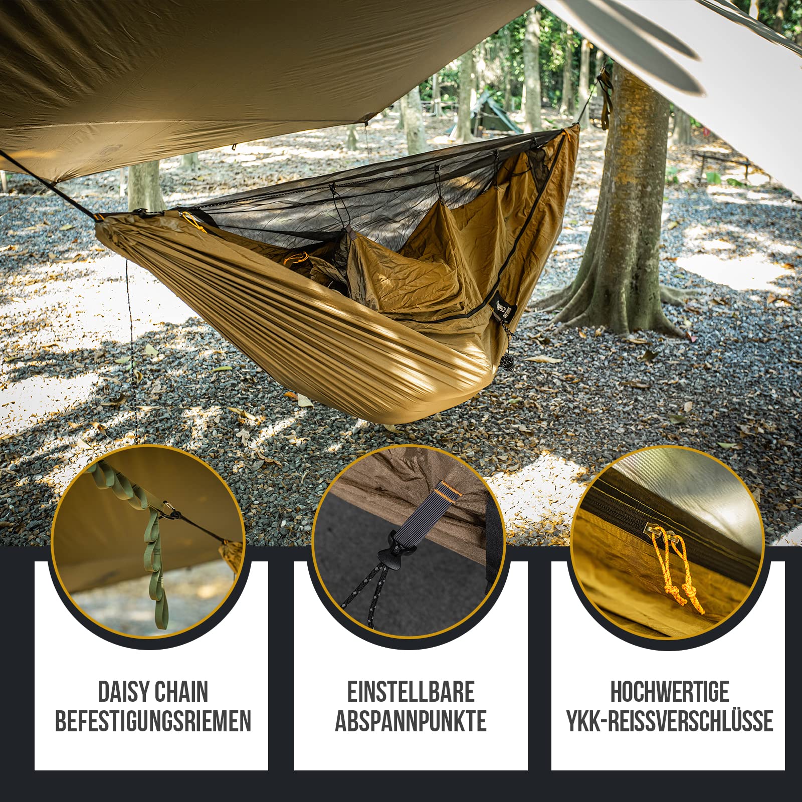OneTigris KOMPOUND Reisehängematte 1 Person Outdoor Hängematte mit Moskitonetz |MEHRWEG Verpackung 260x130cm(Koyote Braun)