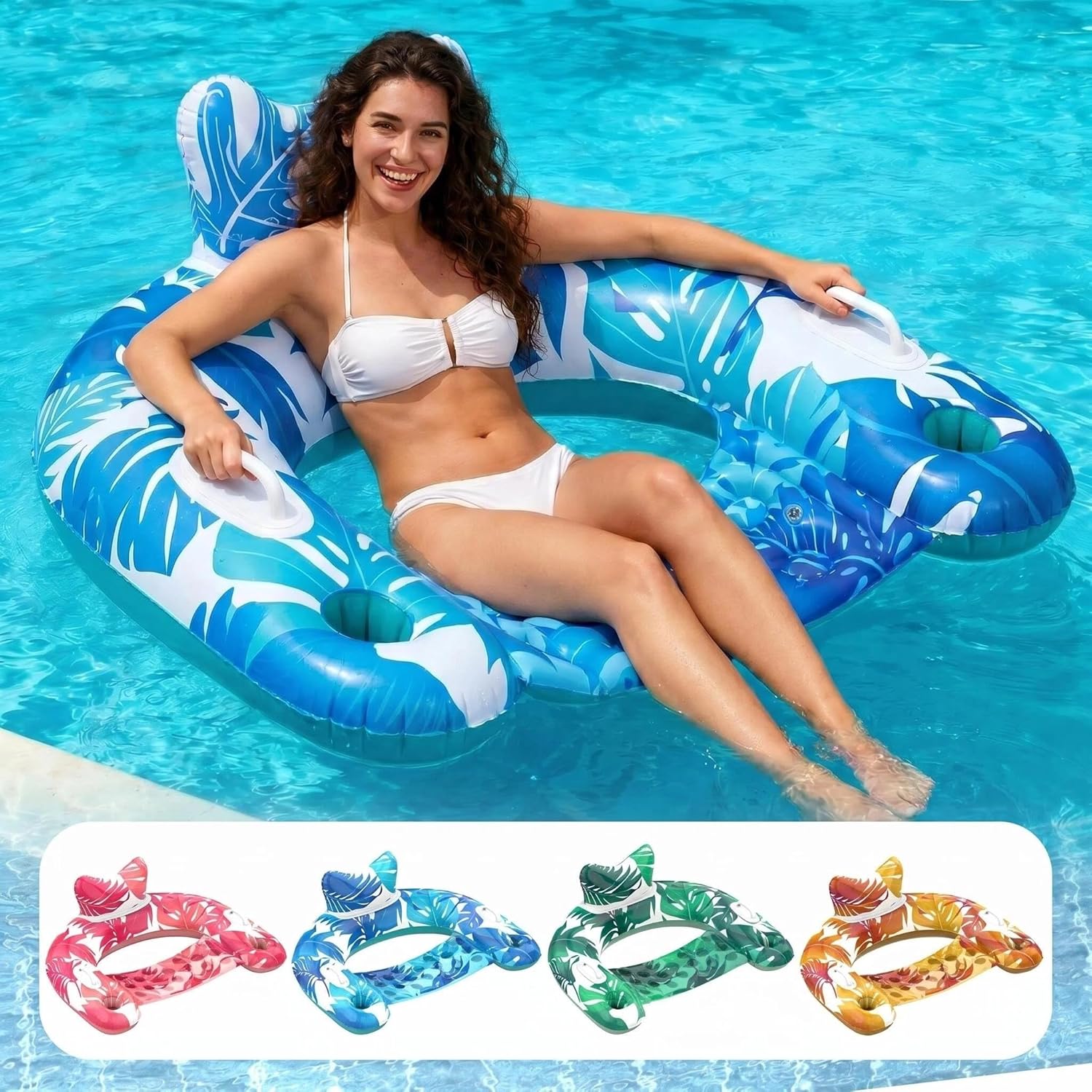 Pool Floats Adult, 3Pack/4Pack Inflatable Pool Floats Chair, U-Shaped Pool Float Lounger with Comfortable Headrest Cup Holders Handles, Portable Pool Floaties for Adults Kids Beach Pool Lake