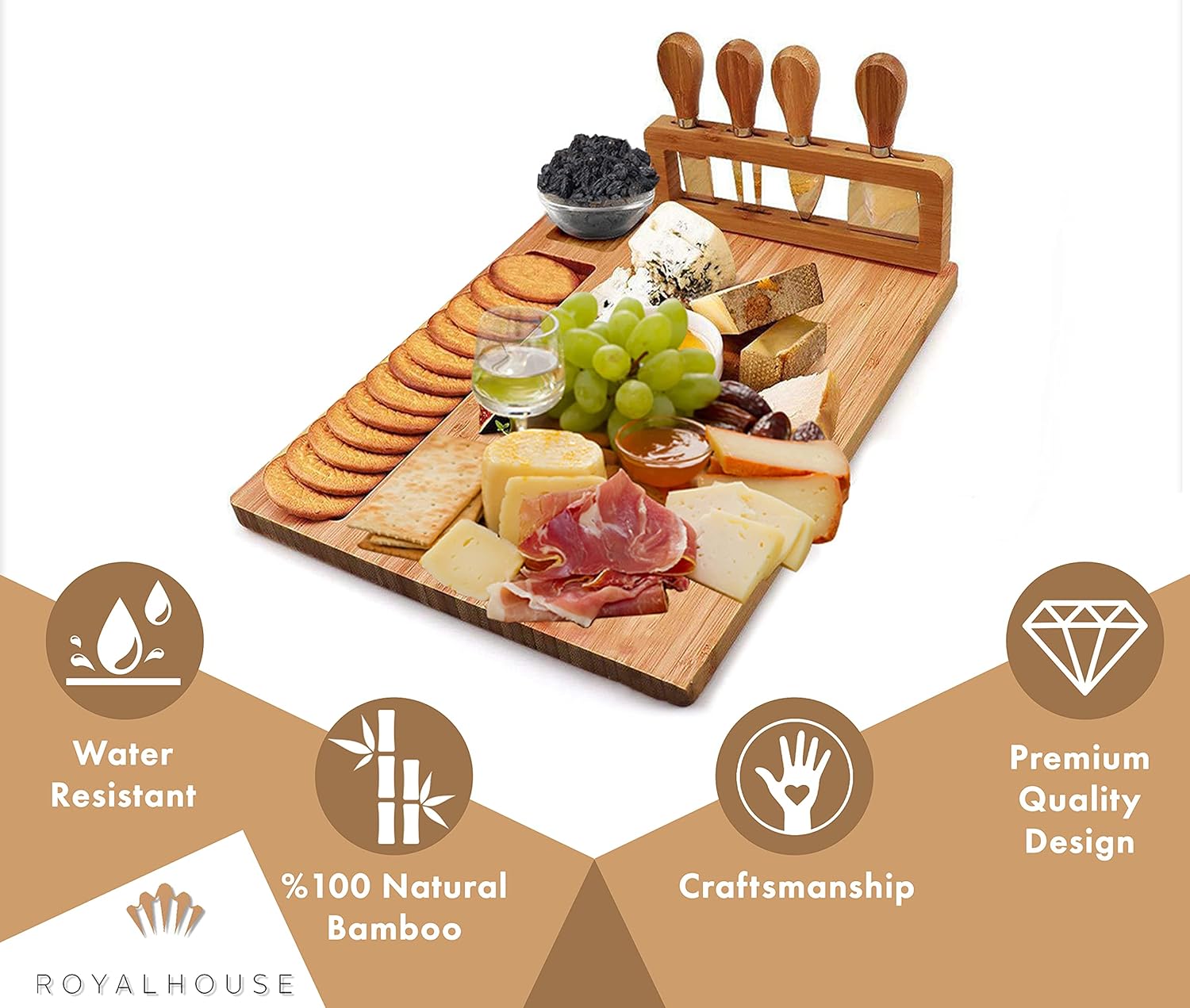 Best Seller RoyalHouse Unique Bamboo Cheese Board and Knife Set Serving Tray for Crackers, Meat, and Wine, Wood Charcuterie Platter with Slide-Out Cutlery Drawer, Wedding and Housewarming Gift