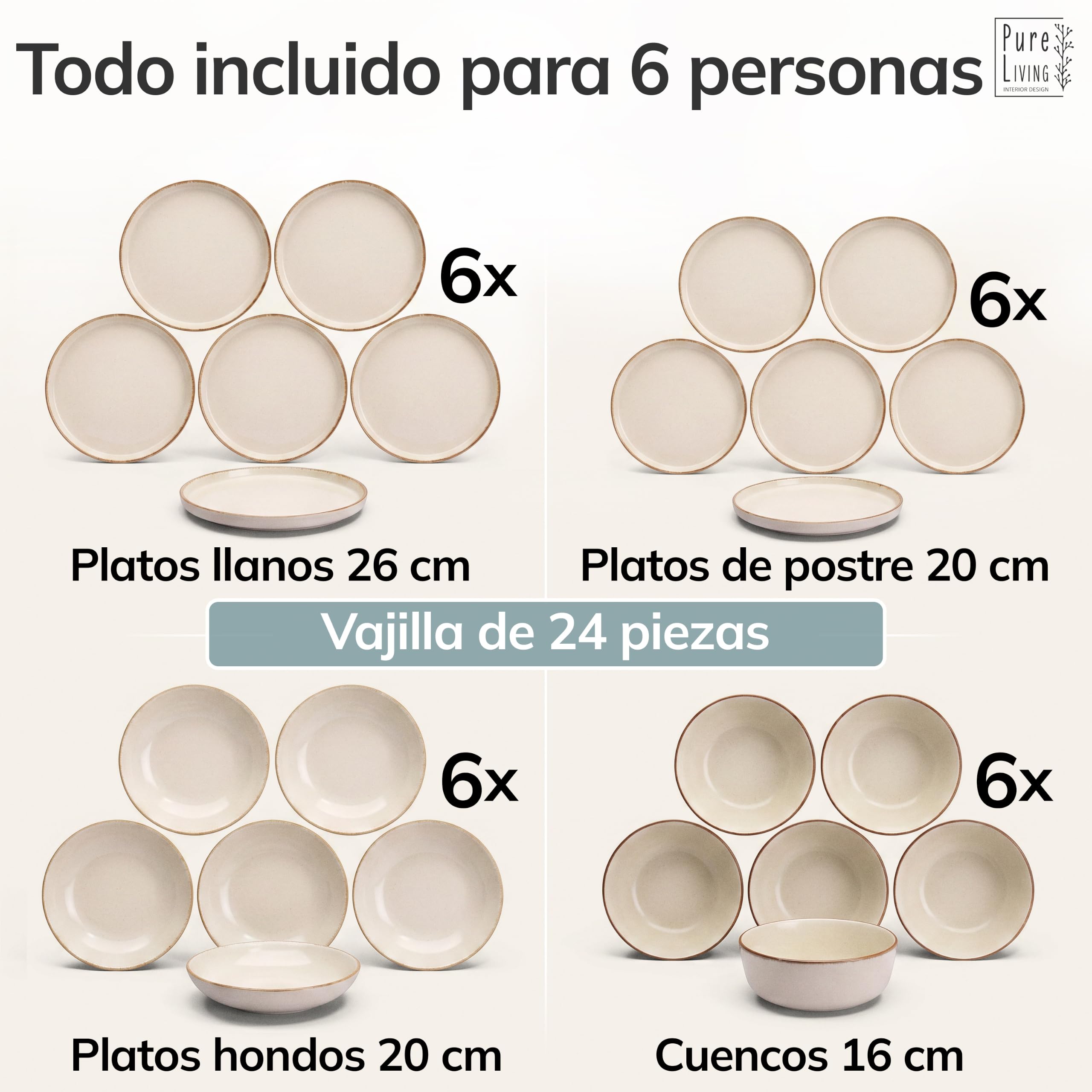 Vajillas para 6 Personas, Set de Steingut Rustic de 24 Piezas - Diseño Rústico y Moderno, Apto para Lavavajillas - Juego de Platos y Cuencos - Vajilla Pure Living en Color beige