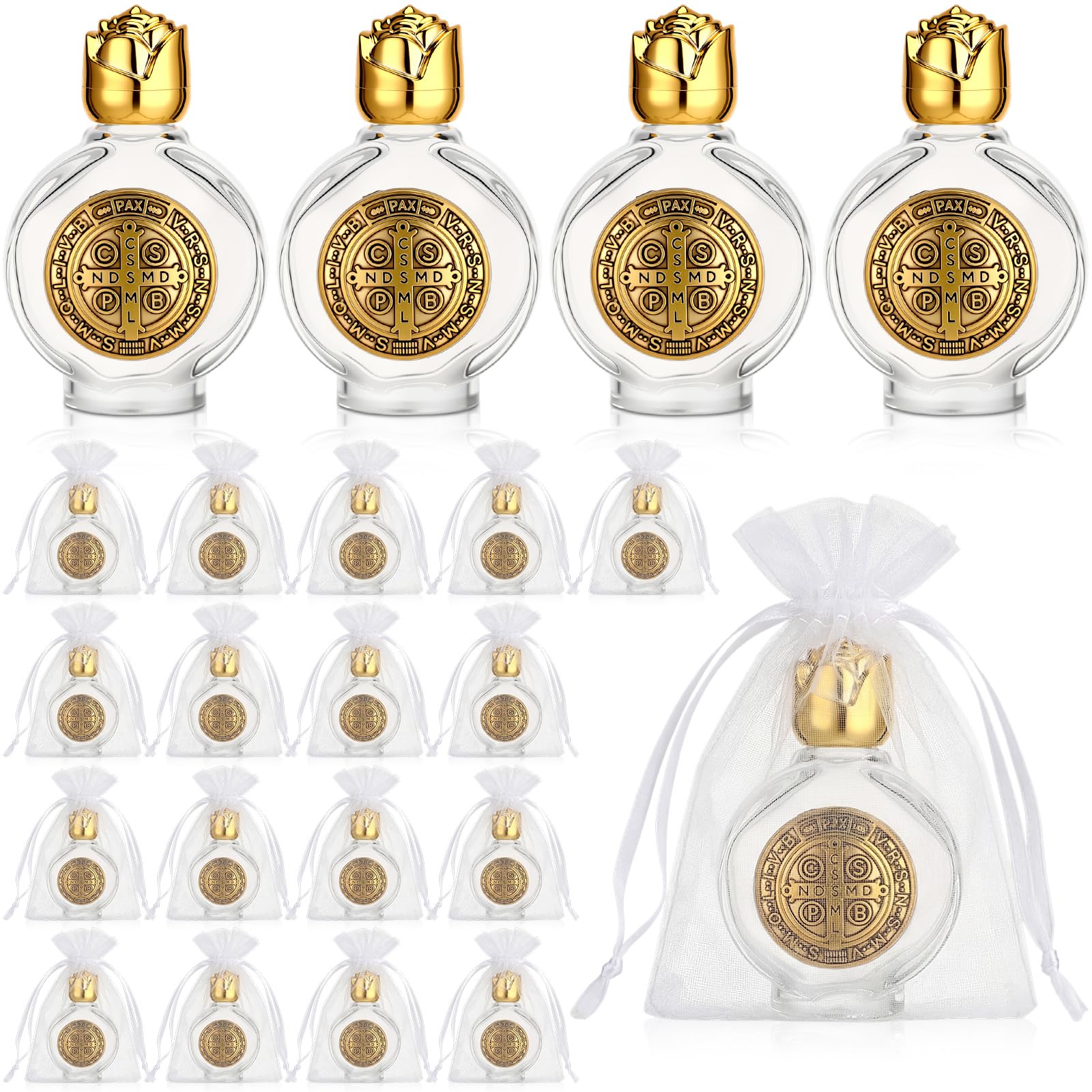 Photo 1 of Ferrochef 30 Set Holy Water Bottles Catholic Bulk 15 ml Baptism Holy Water Container Empty Glass Bottle with Saint Benedict Medal Organza Bags for Communion Church Baptism Favor Party (Gold)